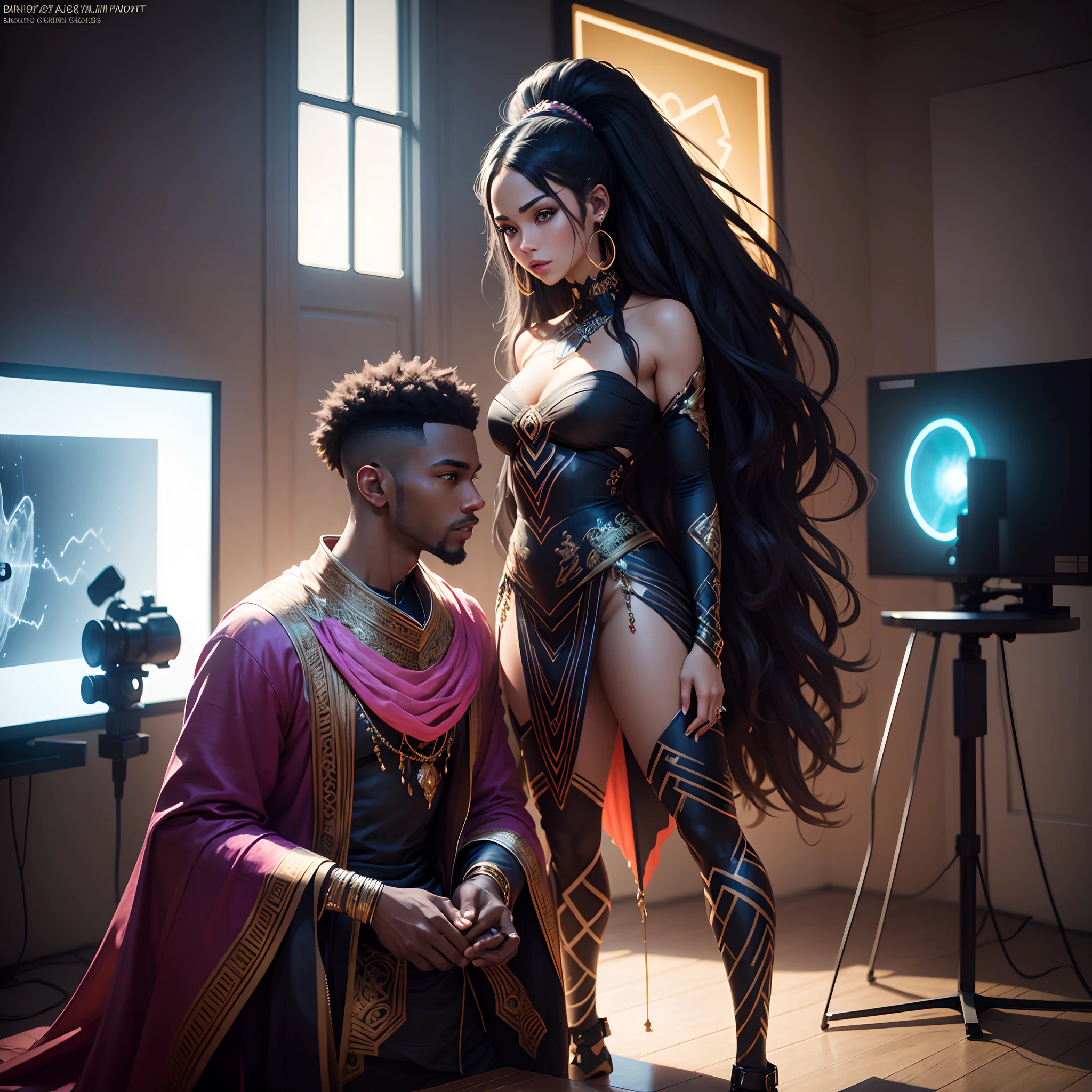 Diagonal angle shot of a wedding of a Black man wearing neon lit African designed clothes and black woman wearing neon lit African designed clothes, both standing on a wet surface in a room with large flat screen TVs on the walls, dark room with only the Flat screen TVs lighting the scene, with iridescent light, 32k, ultra HD, cinematic lighting, unreal engine rendered, artgerm style, art by Bella kotak, cgsociety 9, deviantart, highly-realistic image, highly detailed images, highly detailed facial features, highly detailed hands and fingers, ultra-realistic image,