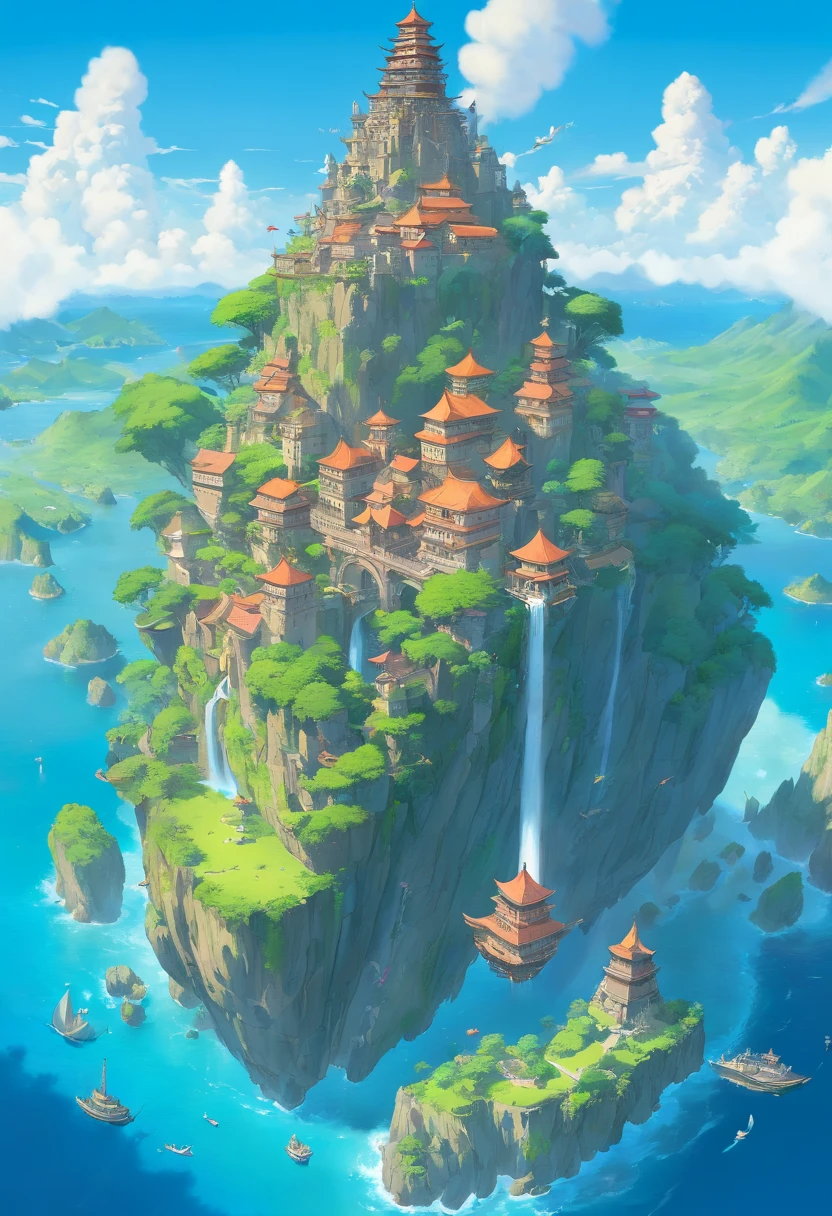 many flying islands, flying islands over ocean, flying kingdom, floating islands, floating realm, Ancient Fantasy, Highly detailed map, Detailed Map, Height Map magic floating islands, castles and towers, waterfall in the air,