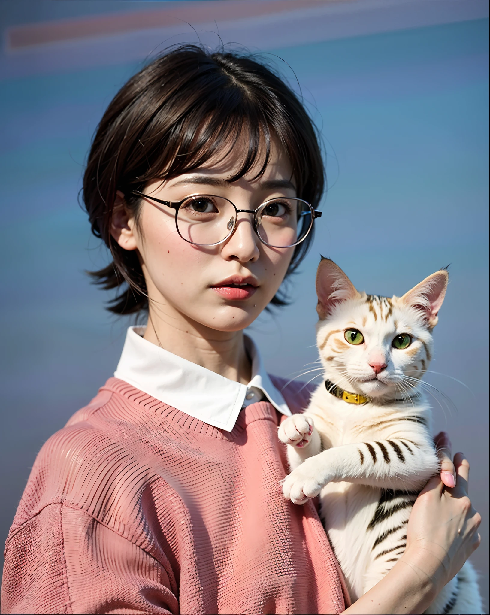 araffe with glasses holding a cat in a pink sweater, woman / cat hybrid, kiko mizuhara, human cat hybrid, by Tadashi Nakayama, kim hyun joo, eiko ishioka, by Eizan Kikukawa, by Kanō Naizen, by Kiyohara Tama, seseon yoon, by Chizuko Yoshida