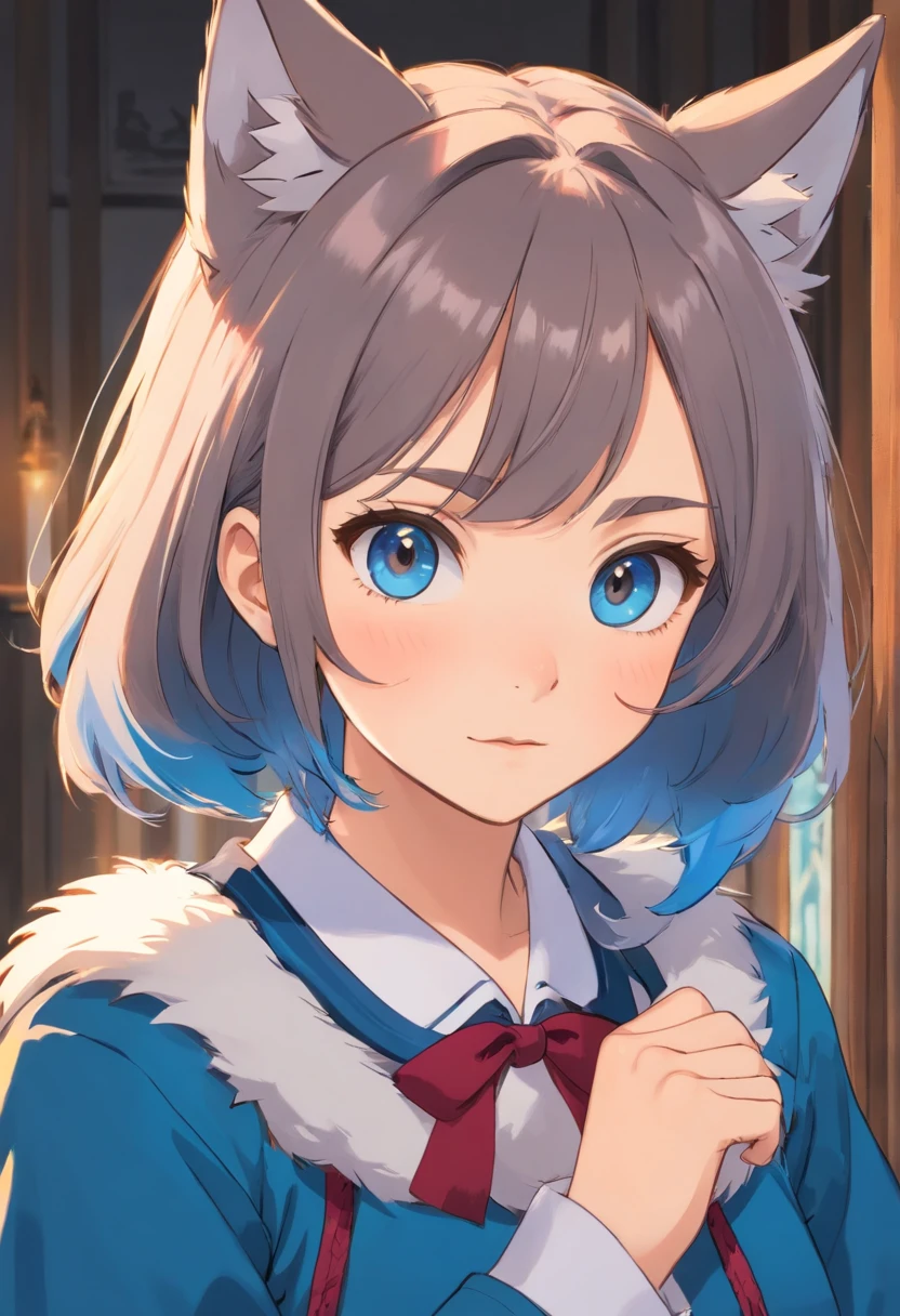 A girl with blue fur and wolf characteristics, such as wolf ears and tail, wearing a school uniform. She has medium-sized breasts and is depicted in a portrait style. The background is simple and uncluttered. The artwork should have a furry aspect with a strength of 1.5, giving the girl a more pronounced furry appearance. The quality of the image should be the best, with a resolution of 4k, 8k, or even higher. The details should be ultra-detailed and realistic, with sharp focus and vivid colors. The art style should emphasize portraits and capture the essence and expression of the girl. The overall color tone should be cool, with blue hues dominating the image. The lighting should be well-balanced, highlighting the girl's features and creating a pleasing atmosphere.