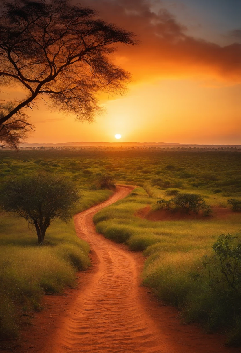 Draw a sinuous path that extends from the base of the image to the horizon, Au bout du chemin, Add bright, radiant light, in the center of the image, Afrique, Angola