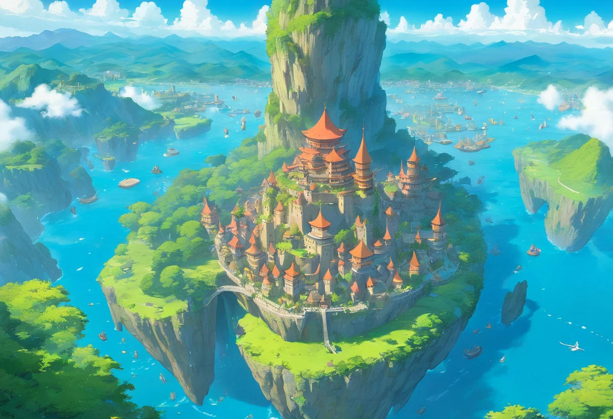 many flying islands, flying islands over ocean, flying kingdom, floating islands, floating realm, Ancient Fantasy, Highly detailed map, Detailed Map, Height Map magic floating islands, castles and towers, waterfall in the air,