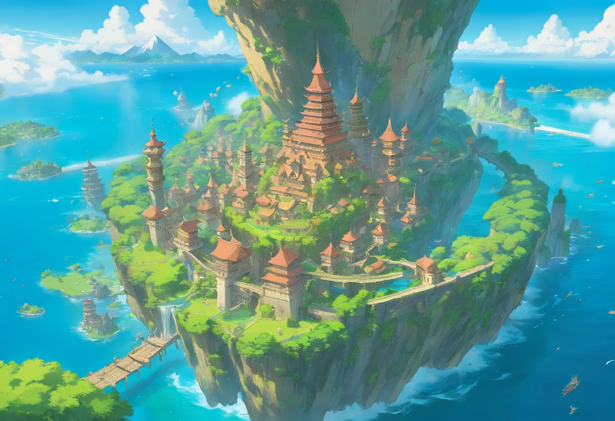 many flying islands, flying islands over ocean, flying kingdom, floating islands, floating realm,  Ancient Fantasy, Highly detailed map, Detailed Map, Height Map magic floating islands, castles and towers, waterfall in the air,