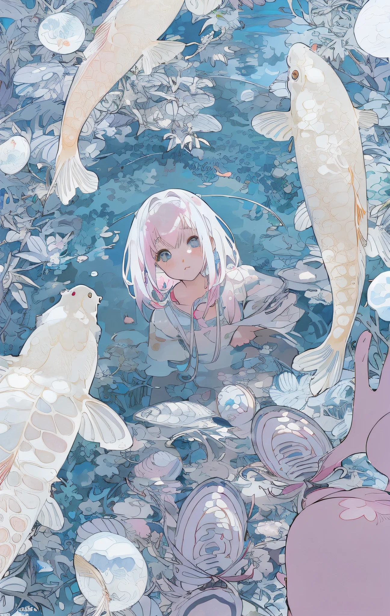 Anime girl with pink hair and white hair standing in fish pond, inspired by Miho Hirano, Soft anime illustration, dreamy psychedelic anime, Anime style illustration, anime illustration, Official illustration, inspired by Tosa Mitsuoki, clean and meticulous anime art, A beautiful artwork illustration, anime graphic illustration, Anime girl walking on water, Digital anime illustration