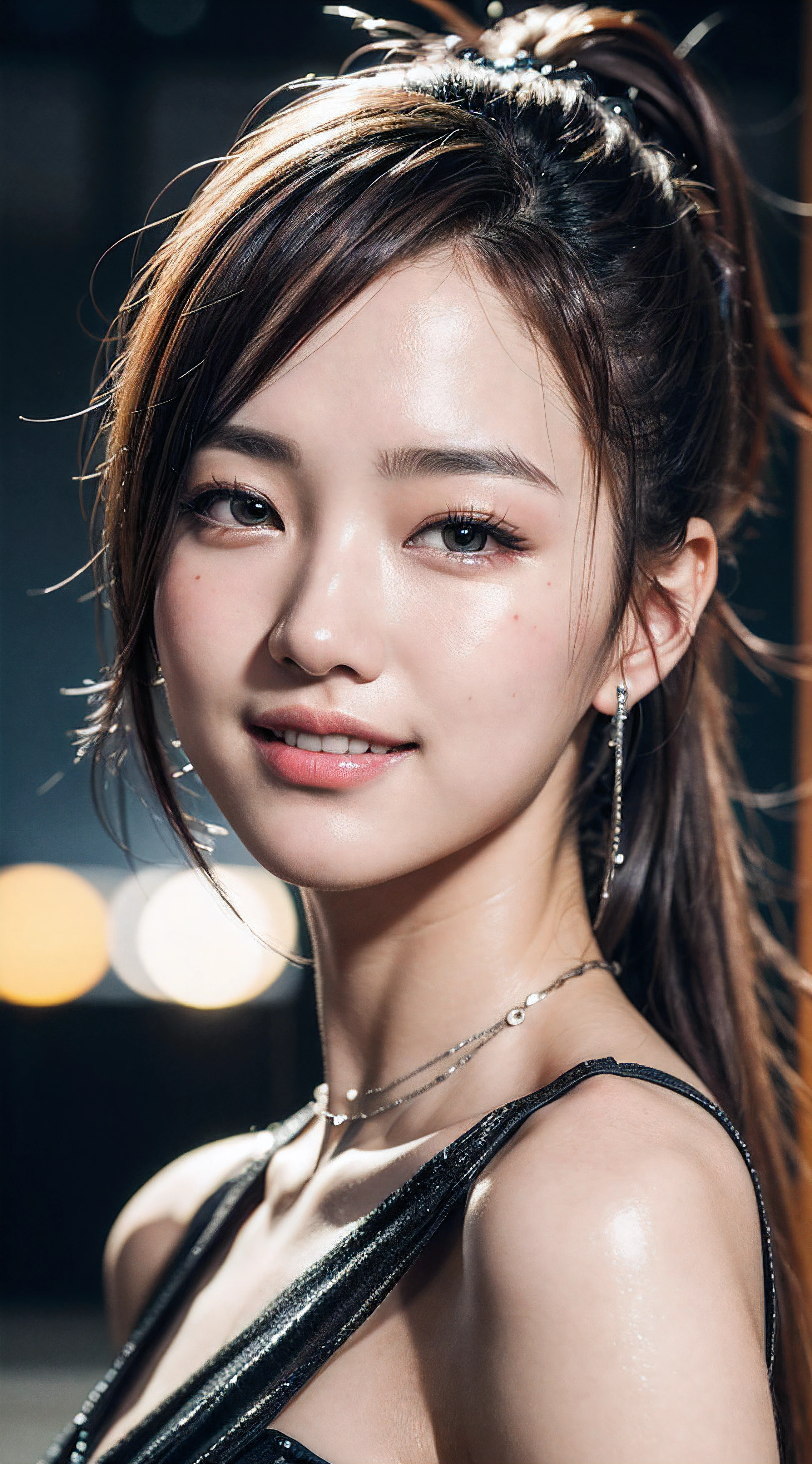 8k, best quality, masterpiece, realistic, ultra detail, photography, HDR, ROW photo, highres, absurdres, cinematic light, official art, depth of field,
close-up, slender, cute face, smile, beautiful details eyes, 19years old korean, pretty, Mohawk with silver color,