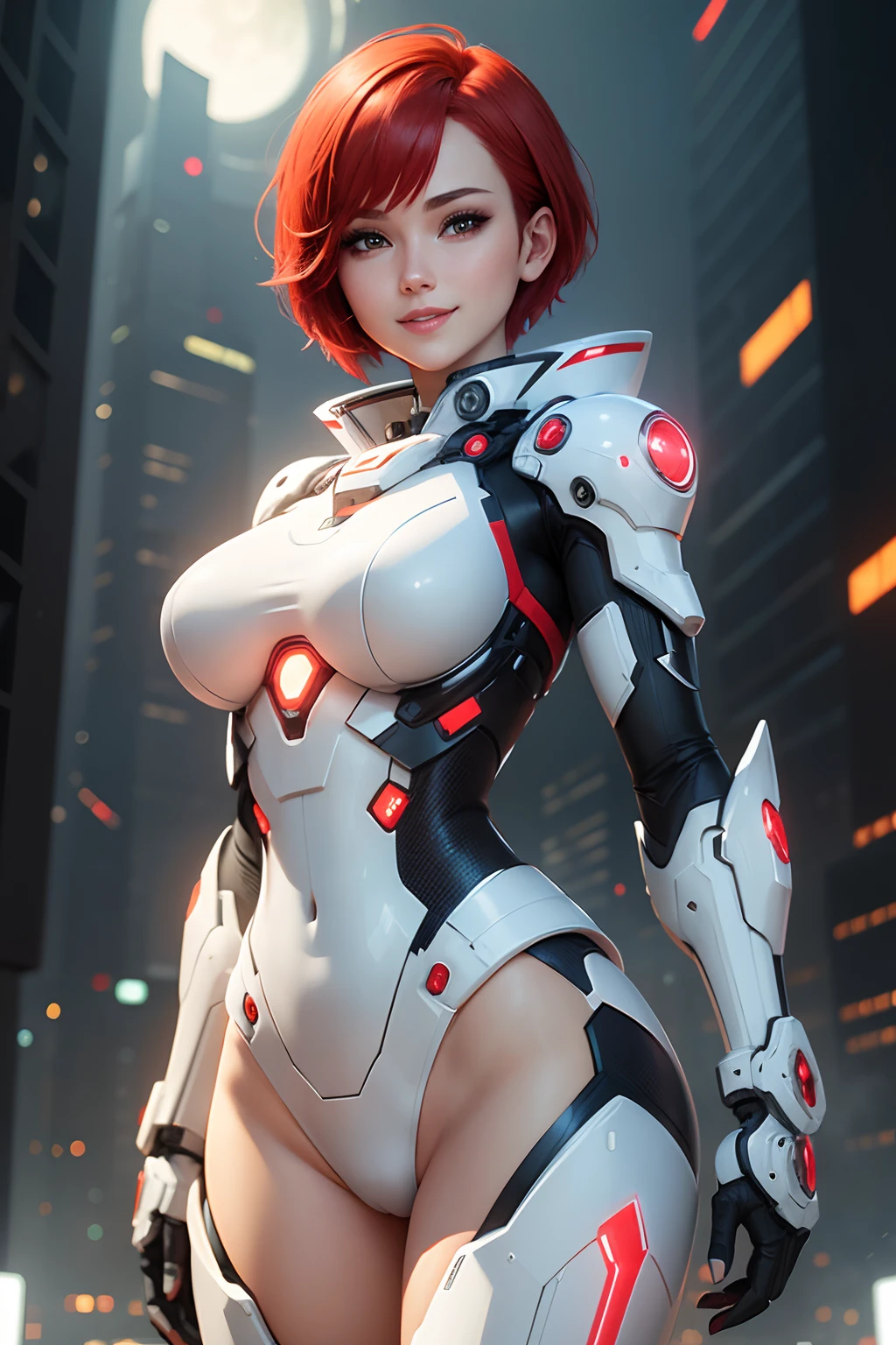 a woman with short red hair, cute smile, white mecha body, intricated detail, futuristic night city background, master piece, ultra realistic image