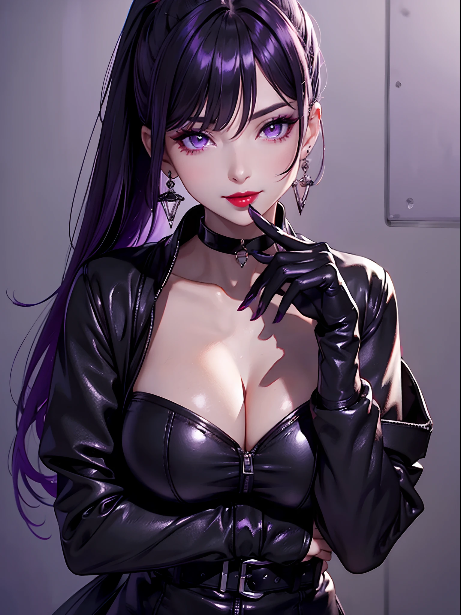 1girl,lexaiduer, bangs, black gloves, black choker, collarbone, earrings, finger to mouth, fingerless gloves, grey hair, index finger raised, jacket, jewelry, red lips, lipstick, long hair, looking at viewer, makeup, nail polish, parted lips, ponytail, portrait, smile, purple eyes, purple nails, shushing, solo,[[realistic]],(shiny skin),(masterpiece:1.4),(best quality:1.4),gigantic breasts,red lips