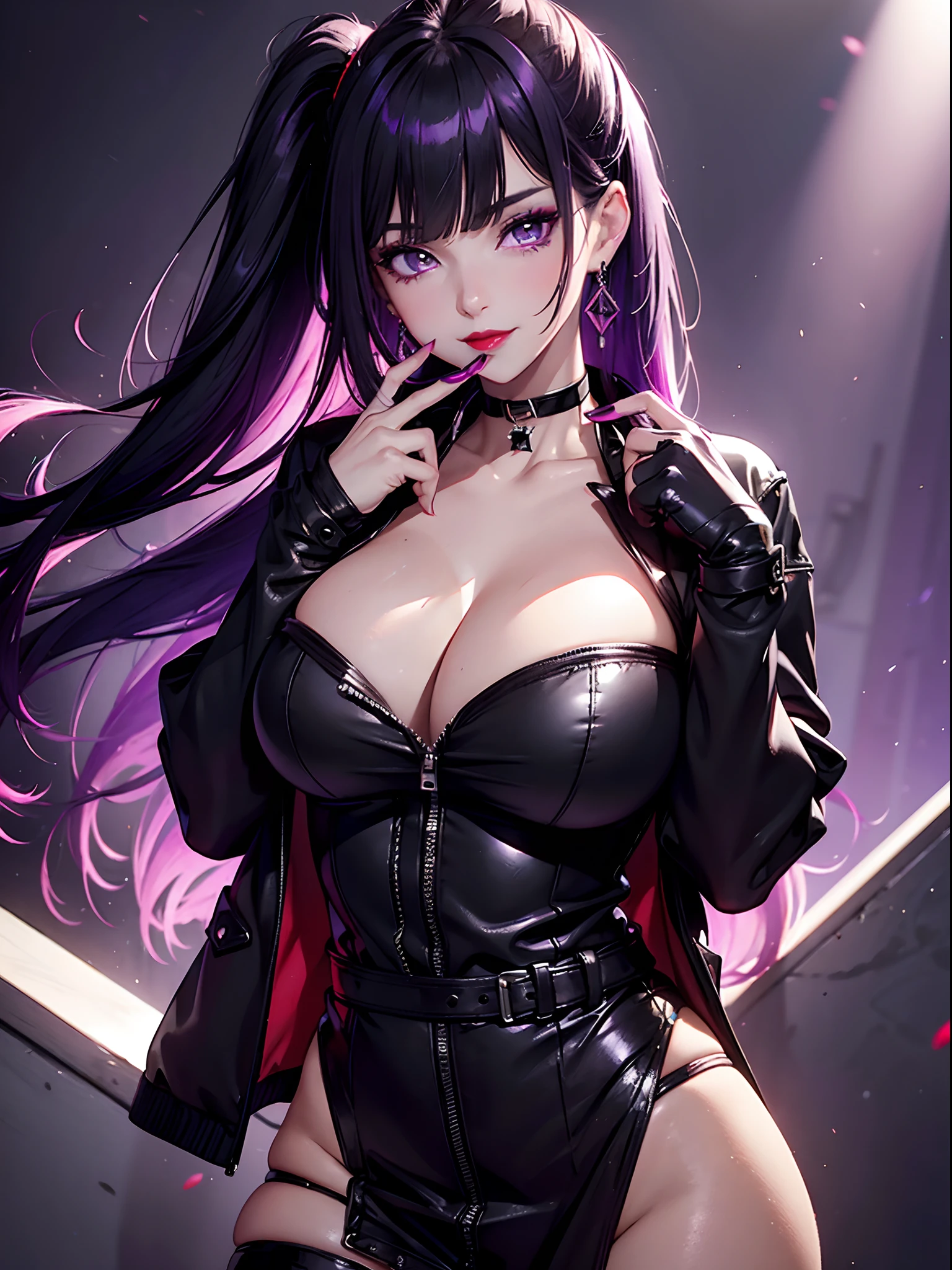 1girl,lexaiduer, bangs, black gloves, black choker, collarbone, earrings, finger to mouth, fingerless gloves, grey hair, index finger raised, jacket, jewelry, red lips, lipstick, long hair, looking at viewer, makeup, nail polish, parted lips, ponytail, portrait, smile, purple eyes, purple nails, shushing, solo,[[realistic]],(shiny skin),(masterpiece:1.4),(best quality:1.4),gigantic breasts,red lips
