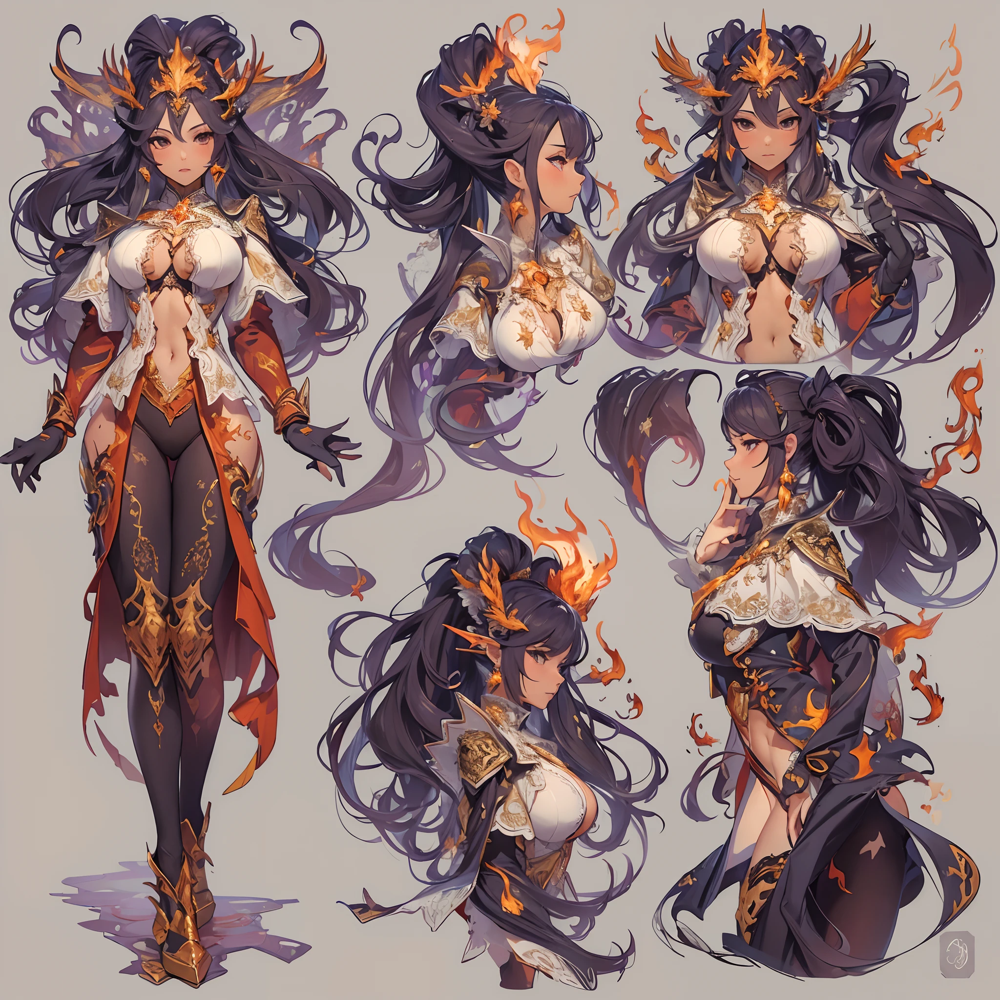 ((Masterpiece, Highest quality)), Detailed face, CharacterDesignSheet, full bodyesbian, Full of details, Multiple poses and expressions, Highly detailed, Depth, Many parts,female mage,double-ponytail,estilo fantasia,Surrounded by flames,Extremely beautiful,High Balance, Natural light, Lace,lacepantyhose,Phoenix decoration,Flame decoration,mirror surface