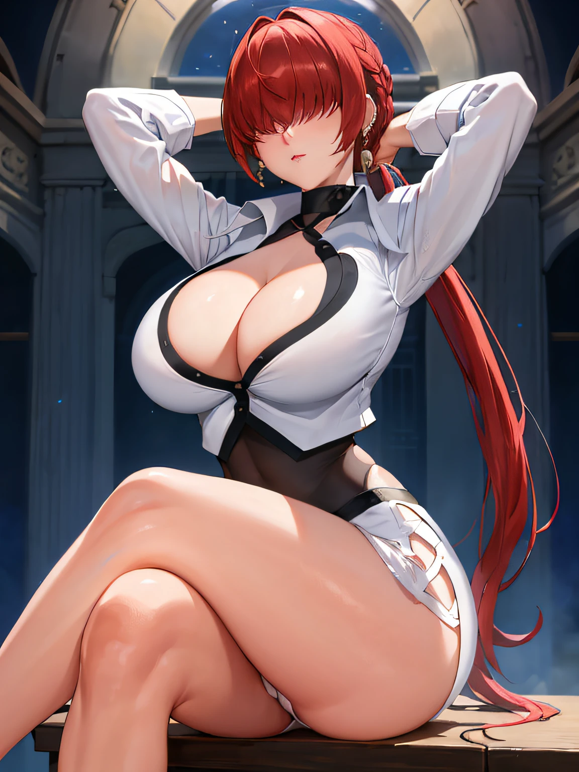 masterpiece, best quality, highres, she1, (hair over eyes:1.1), split ponytail, clothing cutout, earrings, jewelry, miniskirt, white skirt, leotard, white jacket, long sleeves, Big boobs, arms behind head, crossed legs,