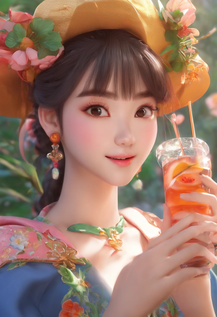 Close-up of a girl，Holding drinks and flowers in the hair, Cute beautiful, Chinese girl, Very beautiful girl, Beautiful lovely, girl cute-fine face, realistic cute girl painting, cute - fine - face, adorable digital art, a cute young girl, Cute Girl, 8K)), Cute anime girl, Chinese style, sakimichan