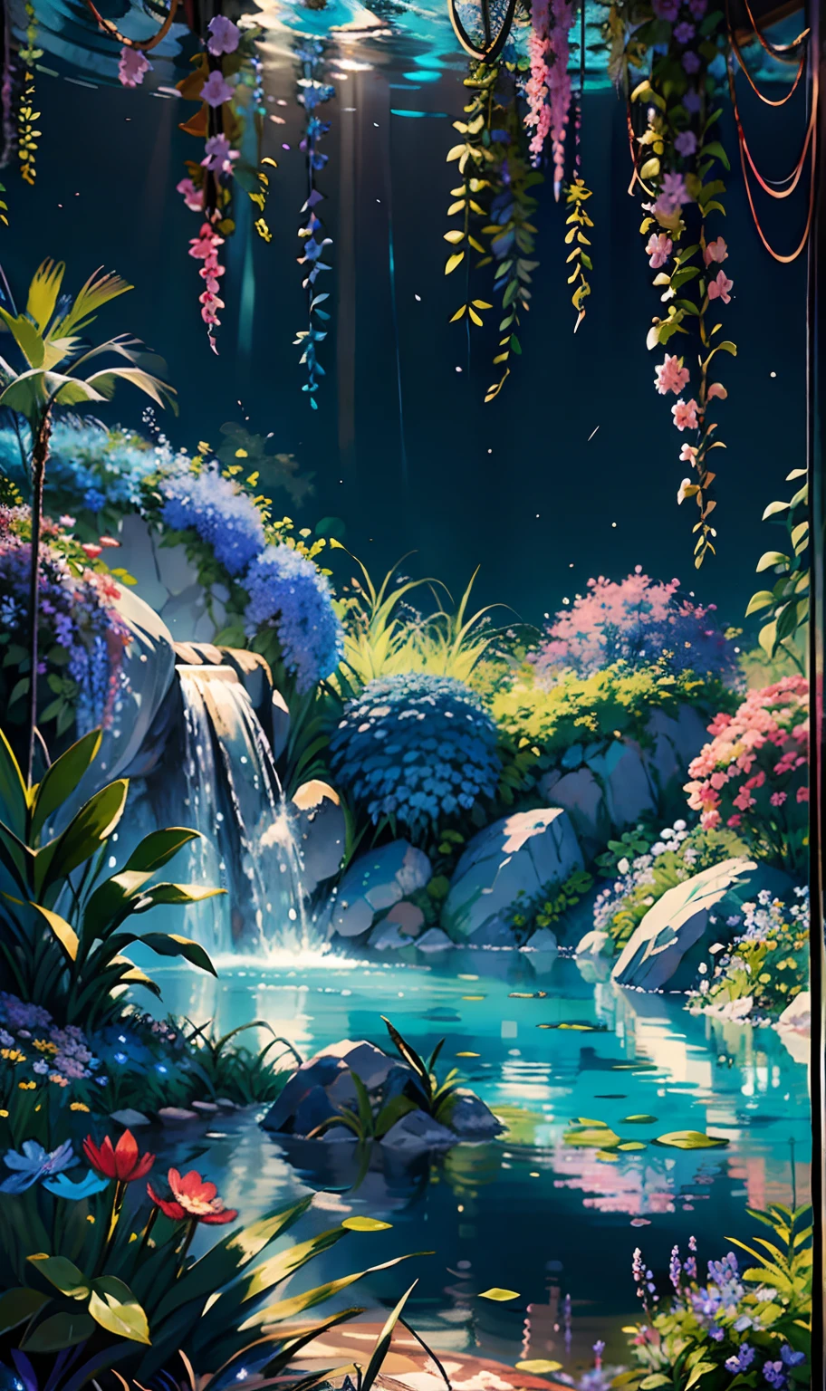 Wallpaper, fantasy hanging garden, blue sky, floating flower sea, colorful flowers. Crystal fountain, HD detail, hyper-detail, cinematic, surrealism, soft light, deep field focus bokeh, ray tracing, diffuse (ultra-fine glass reflections), and hyperrealism. --v 6