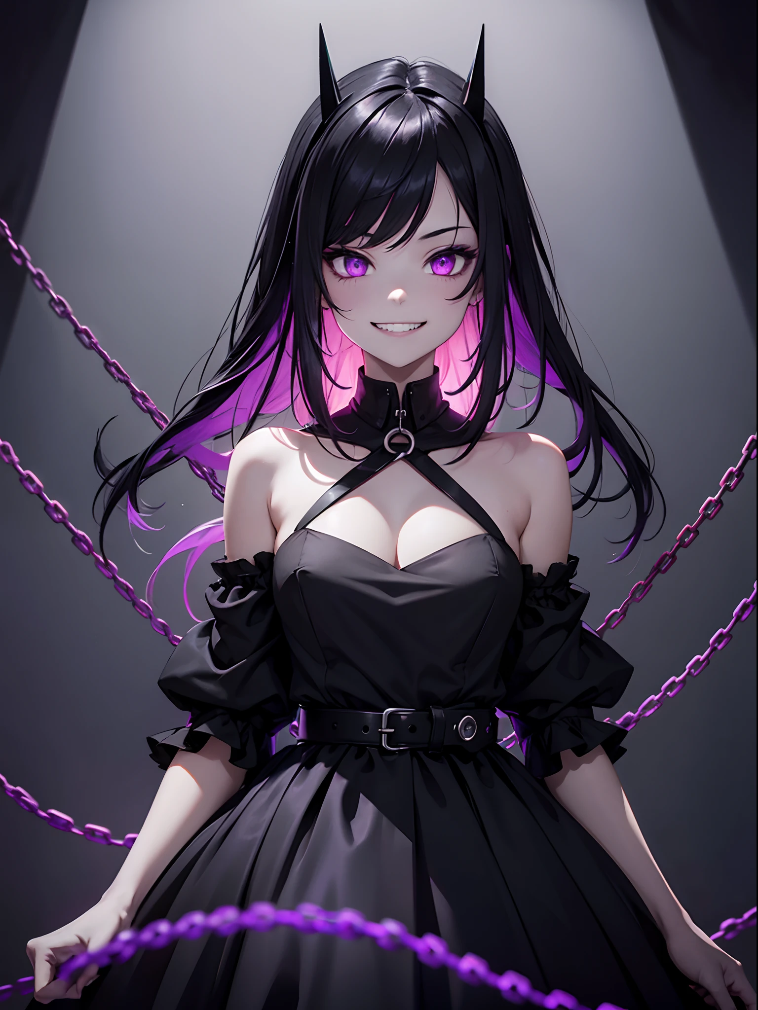 1 girl, wallpaper, whole picture, grey wall background, dark picture, ruined wall background, asymmetric hair, grey hair, multicolored hair, long hair, psycho smile, evil_smile, dark purple eyes, view from the side, looking at viewer, long chain shackles, neon lights in background, grin, ruffled hair, open black dress, modern style black dress