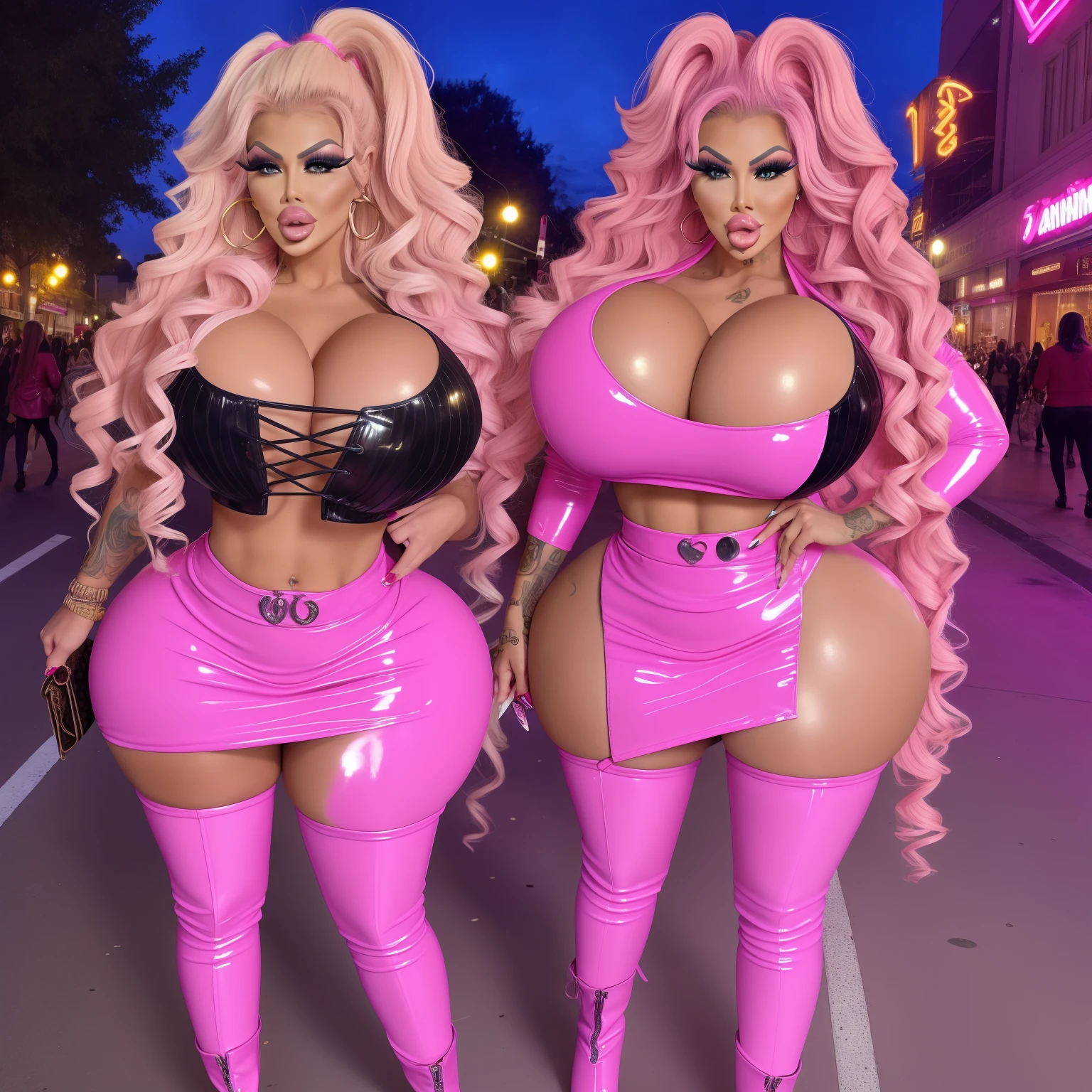 Bimbos, mature, milfs, joslyn James, huge fake lips, huge fake breasts, very fake tan, Louis Vuitton bag, tattoos, hair extensions, very long hair, curls, transgender bimbos, bbw, asian, ganguro, thicc, standing, bellybutton piercing, rainbow colored hair, big hair, very high heels, masculine bimbos, shemales, Drag Queens, ahegao, smoking cigarette, bimbo makeup, crop top, pink latex, mini skirt, latex boots, huge cleavage, walking, outside, busy street, face detail, high quality, full body view