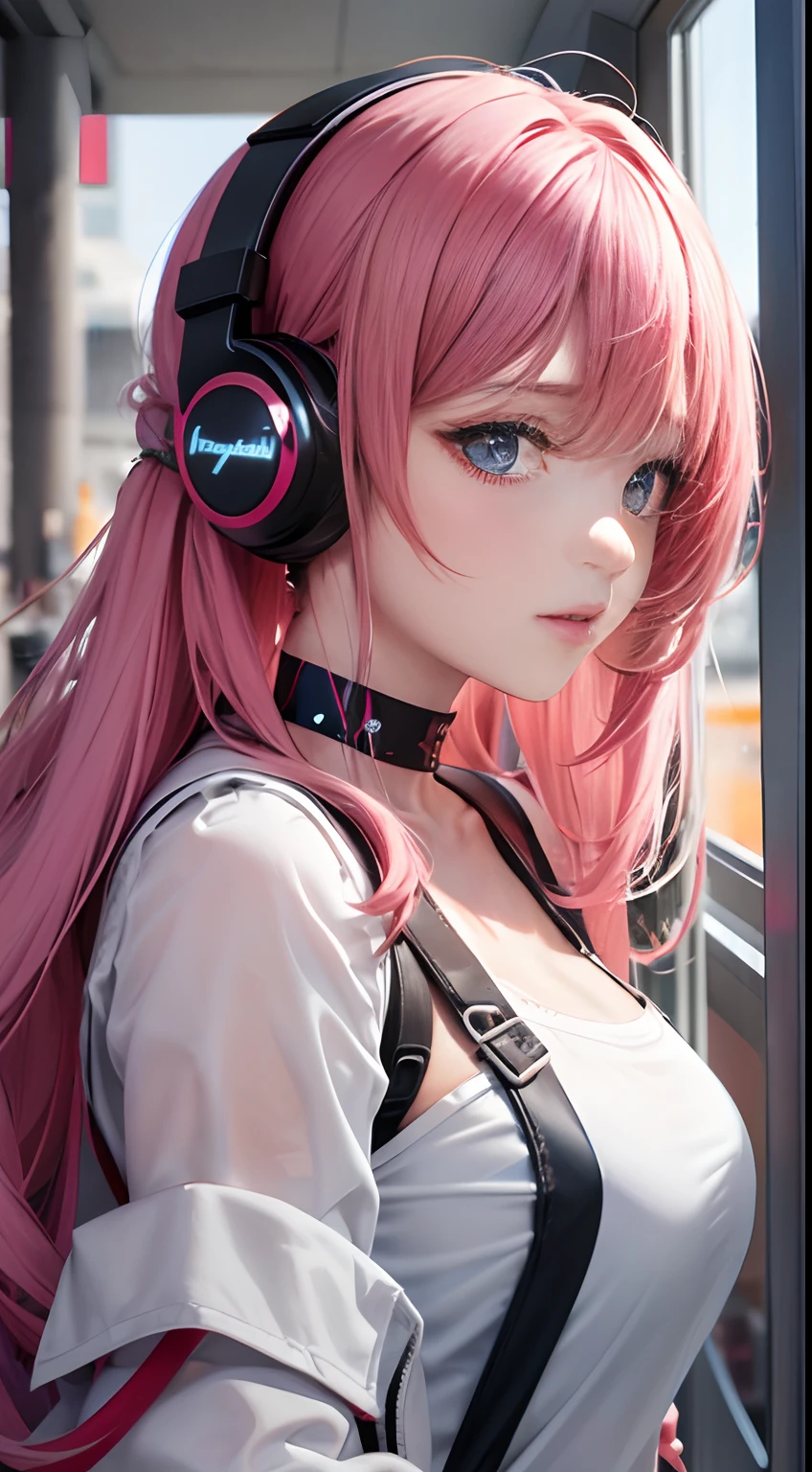((best qualtiy)), ((tmasterpiece)), (detail:1.4), Beautiful Cyberpunk Woman Image,headphones、Heart-shaped choker、sixteen years old, nffsw(HighDynamicRange),Ray traching,NVIDIA RTX,Hyper-Resolution,illusory 5,Sub-surface scattering,PBR Textures,post processed,Anisotropy Filtering,depth of fields,maximum definition and sharpness,multi-layer texture,Albedo e mapas Speculares,Surface Coloring,Mitsu-Accurate simulation of material interactions,Perfectly proportioned,rendering by octane,Two-colored light,Large aperture,Low ISO,White Balance,Rule three points、8K raw data、Beautiful bright red pupils,Off-the-shoulder clothing,Fine pupils,Delicate face and eyes,long eyelasher,Blushlush,Delicate and fluffy hair,Pink twin tail hair with light blue gradient,lip,pure,Cute face,Sweet girl,Artistic sense,Casual wear,Advanced Sense、, Beautiful Hair Accessories,long hair and waist,Hair fluttering in the wind,gazing at viewer