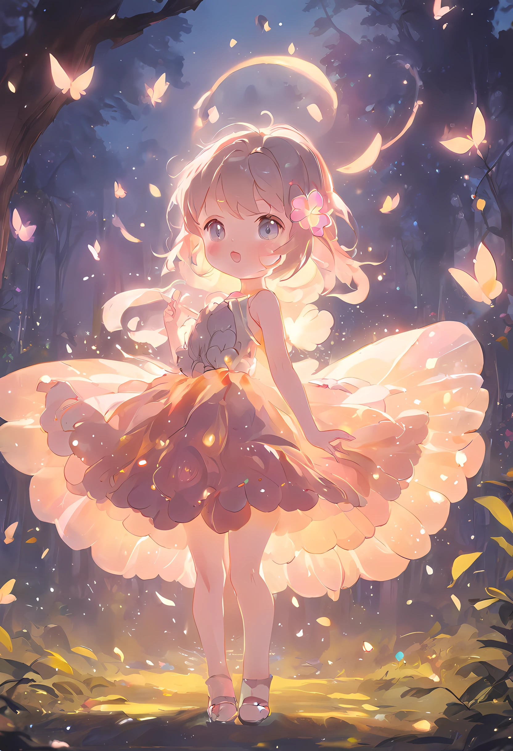 ln the forest,night moon,Mini cute 3 year old flower fairy, Chubby toot,Skirt made of petals,Huge flowers,Colorful colorful,Transparent colorful wings, Magic wand,closeup cleavage,Light attenuation,Glow effects,depth of fields,high light,Real light,Ray traching,oc rendered,Hyper-realistic,best qualtiy,8K,Works of masters,super-fine,Detailed pubic hair,Correct anatomy,sharp focus on eyes,Bokeh,Facial features are carefully depicted,in style of hayao miyazaki,Miyazaki animation style