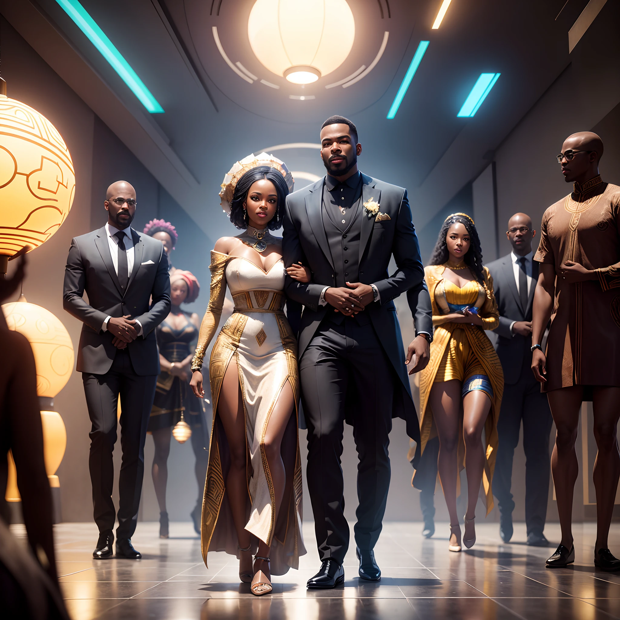 Diagonal angle shot of a happy Black man dressed in African designed clothes and happy black woman dressed in african designed clothes getting married, with celebrating congregation in the background, standing on a reflecting ground surface, in a futuristic African cyberpunk city full of African designed architecture and sculptures, surrounded by lighting futuristic floating light sphere drones, daylight shining, mini androids glowing in the scene, with iridescent light, photorealistic image, ultra HD, cinematic lighting, artgerm style,