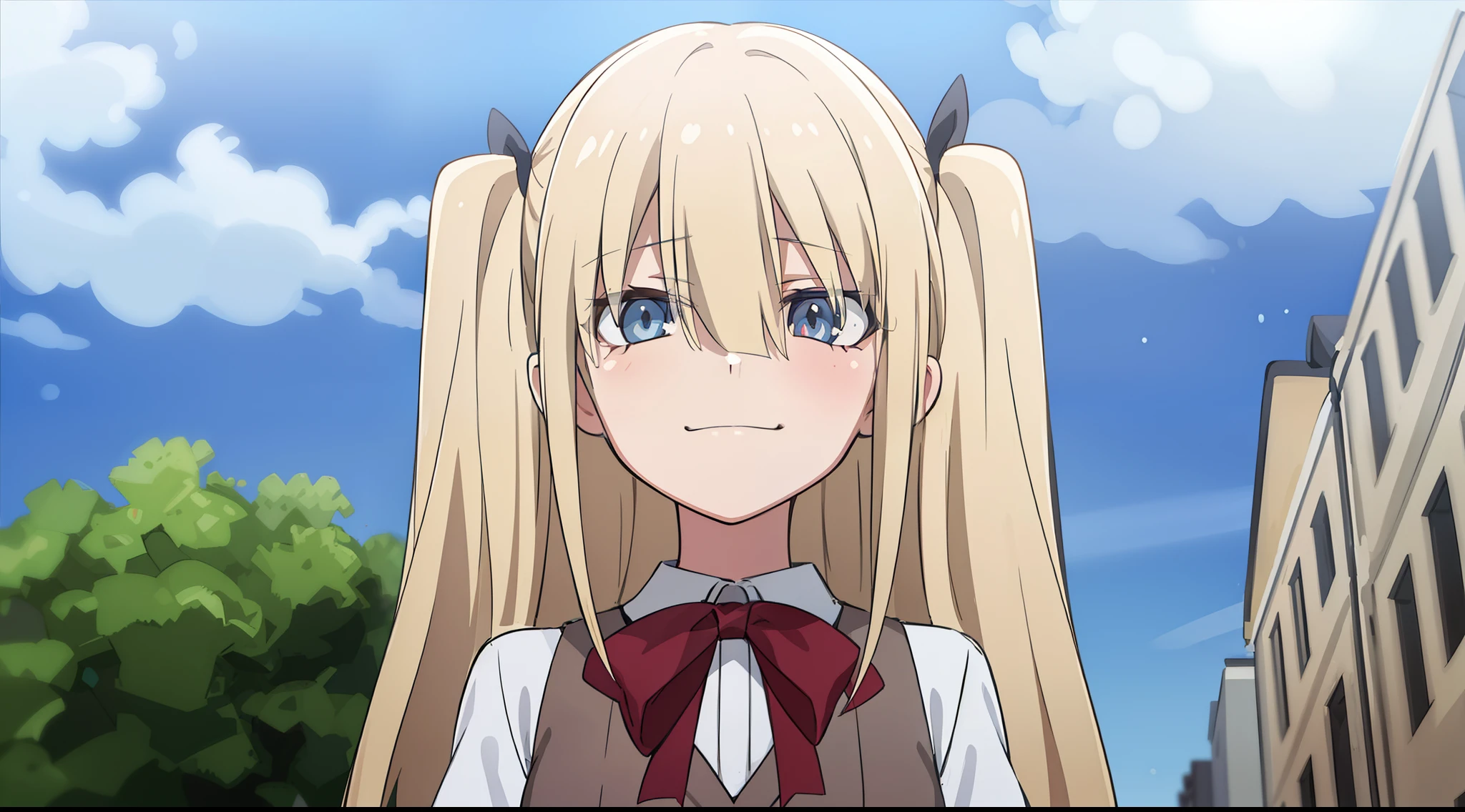 hiquality, tmasterpiece (one girls) blonde woman. covered eyes. Dark bows. ponytails on the hair. gray eyes. white shirt. Red vests. Long bangs. smirk.