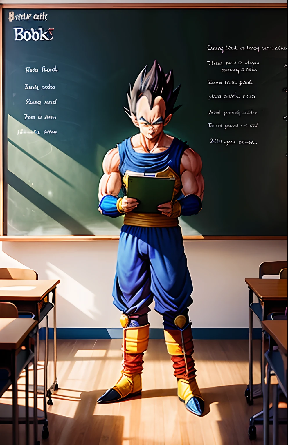 Vegeta with a book in his hand, full body, posing for a poster with a book in his hand, in a large classroom with student chairs and desks, blackboard, full body, long shot, vibrant colors, masterpiece, realistic style