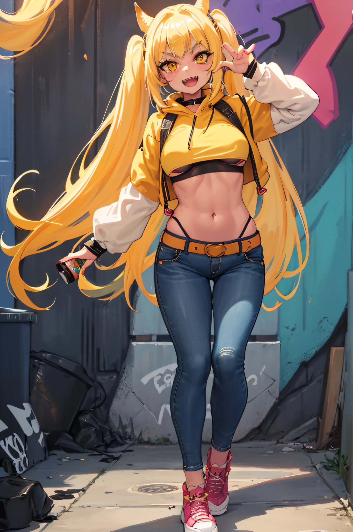 Original Character, Volumetric Lighting, Best Shadows, Shallow Depth of Field, Portrait Of Stunningly Beautiful Girl, Petite, Delicate Beautiful Attractive Face With Alluring Yellow Eyes, Messy Painted Face, Sharp Eyebrows, Broadly Smiling, Open Mouth, Fangs Out, Lovely Medium Breasts, Layered Long Twintail Blond Hair, Blush Eyeshadow, Thick Eyelashes, Applejack Hat, Oversized Pop Jacket, Mini Underboob Tee, Open Navel, Slim Waist, Denim Jeans Pants, With Buckle Belt, In The Graffiti Alley, Waste Container, Outside Stairs, Outdoor Unit, Holding Spray Paint Can, Standing, (Highest Quality, Amazing Details:1.25), (Solo:1.3), Brilliant Colorful Paintings