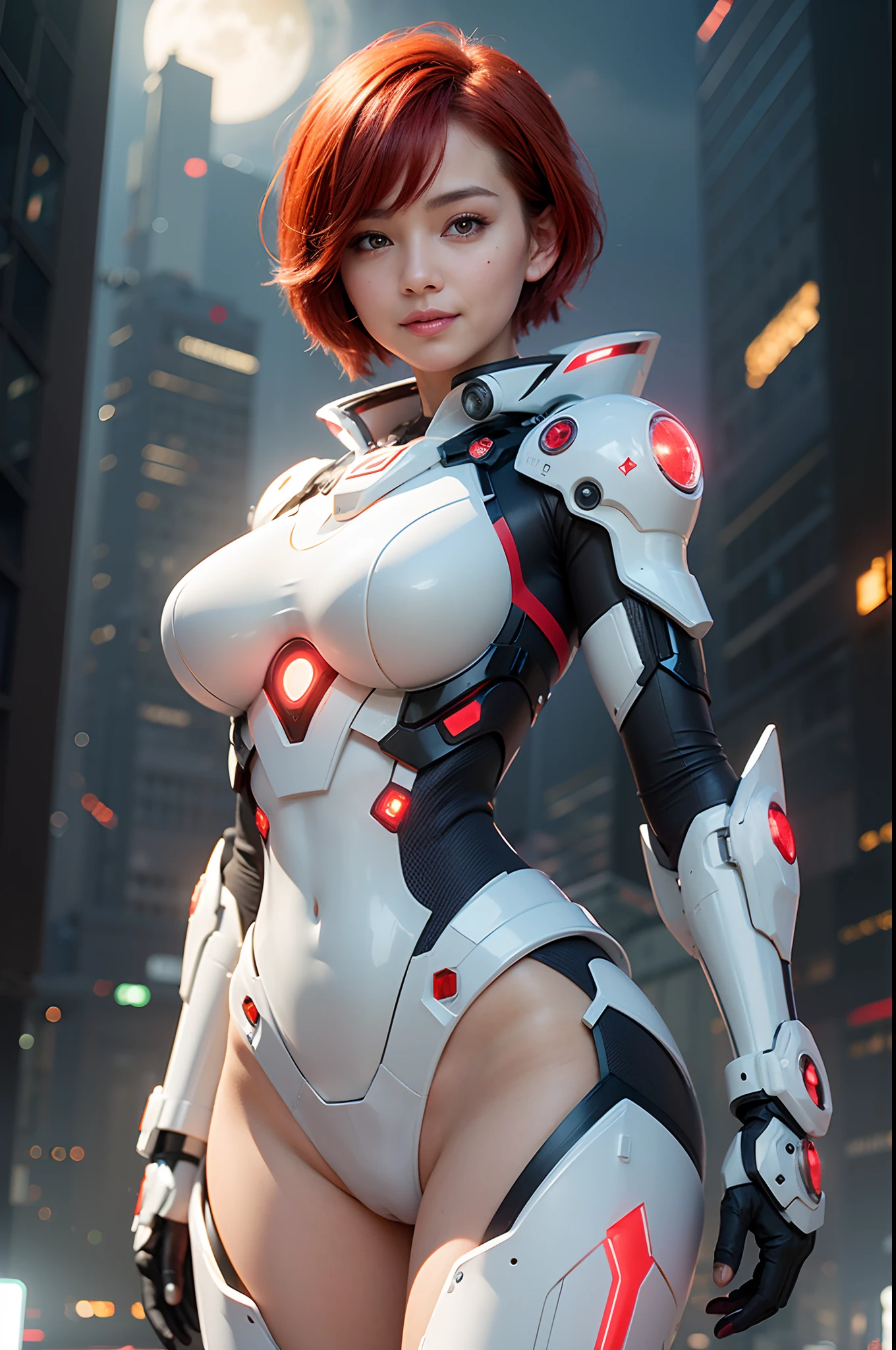 a woman with short red hair, cute smile, natural skin look, white mecha body, intricated detail, futuristic night city background, master piece, ultra realistic image, natural lighting