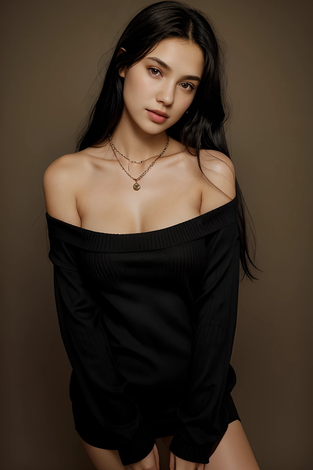 1girl 13 year old, solo, long black hair, breasts, looking at viewer, blonde black hair, bare shoulders, brown eyes, jewelry, full body, necklace, off shoulder, sweater, lips, realistic, nose, flirting, very  hotwith camera