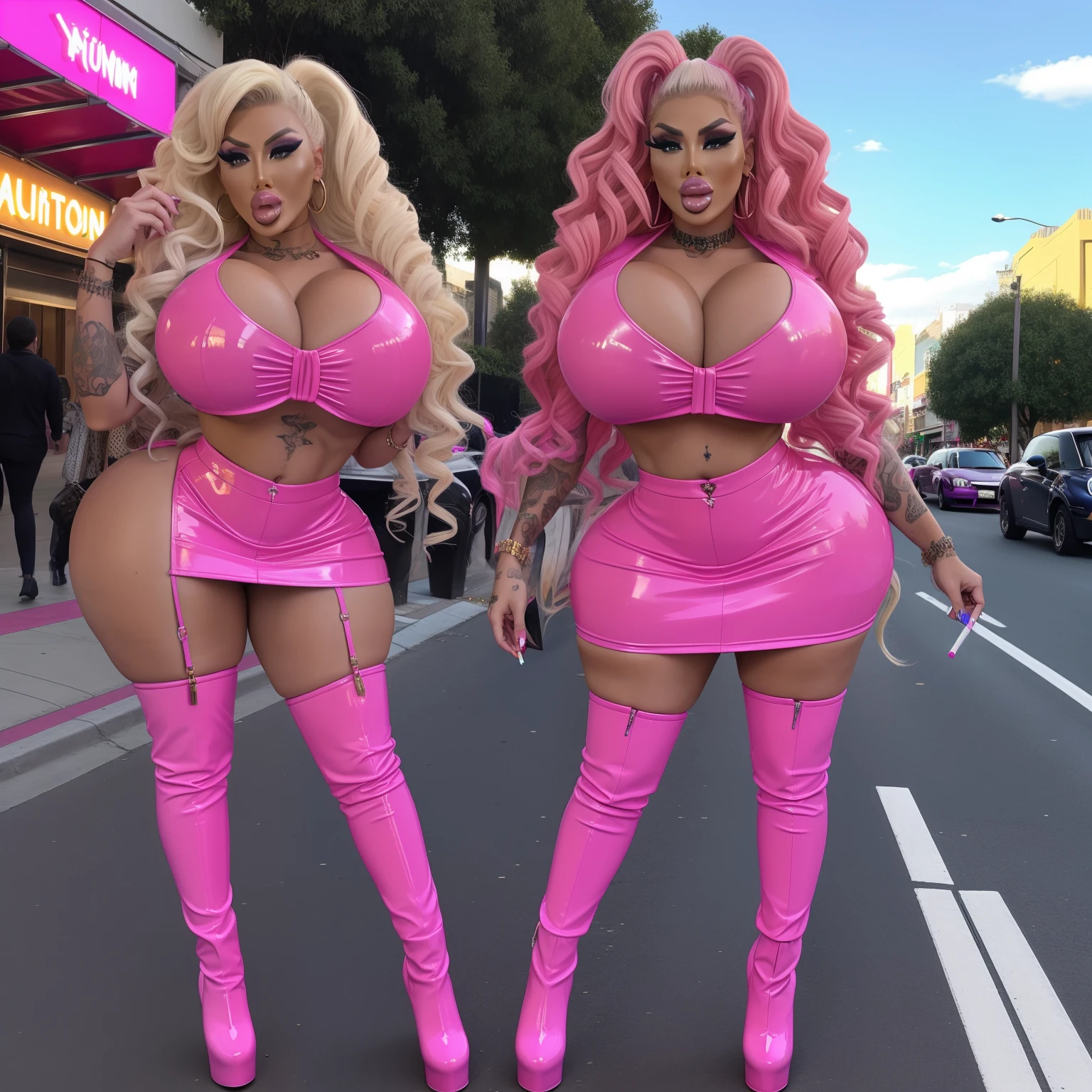 Bimbos, mature, milfs, huge fake lips, huge fake breasts, very fake tan, Louis Vuitton bag, tattoos, hair extensions, very long hair, curls, transgender bimbos, bbw, asian, ganguro, thicc, standing, bellybutton piercing, rainbow colored hair, big hair, very high heels, masculine bimbos, shemales, Drag Queens, ahegao, smoking cigarette, bimbo makeup, crop top, pink latex, mini skirt, latex boots, huge cleavage, walking, outside, busy street, face detail, high quality, full body view