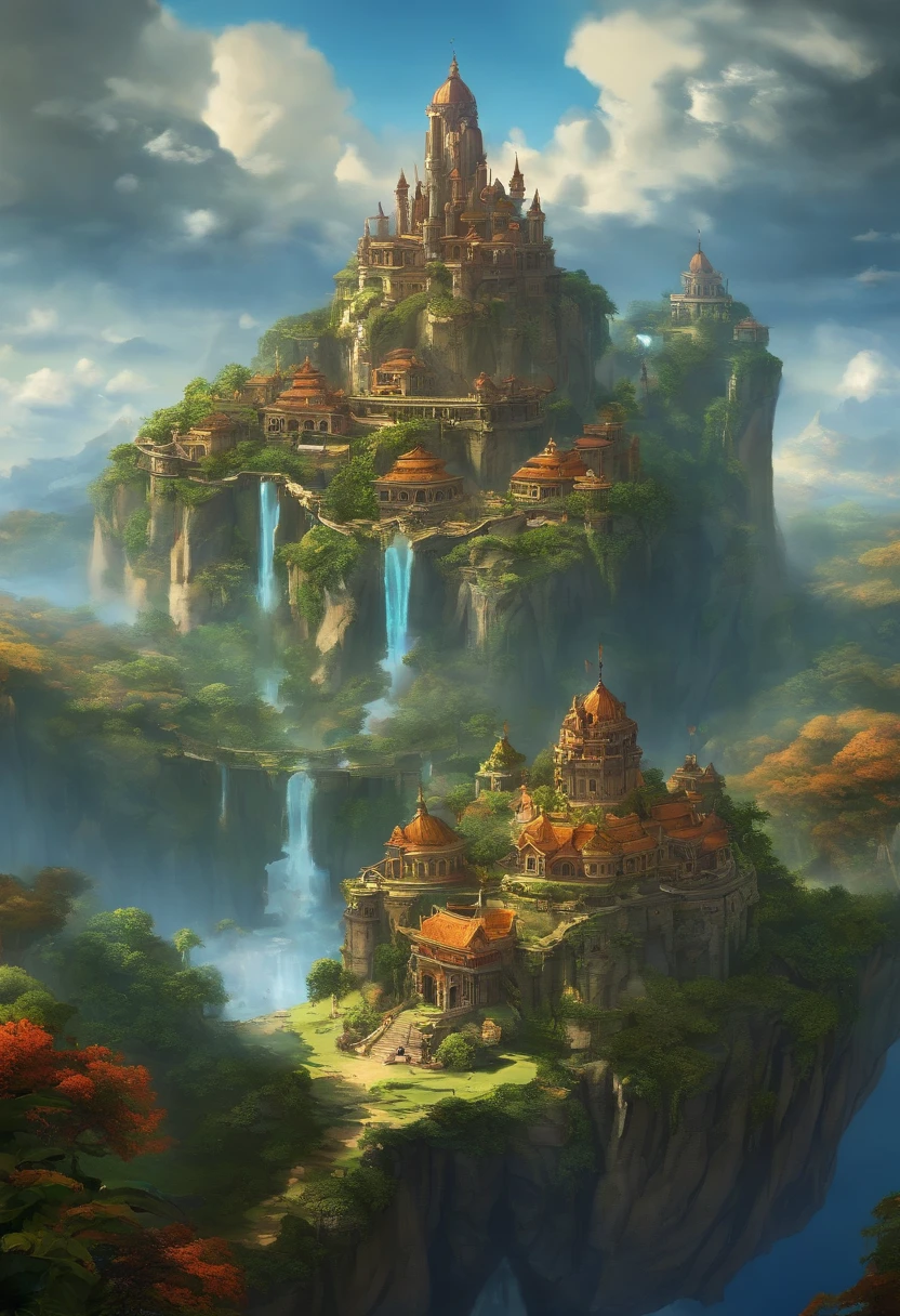 masterpiece, floating islands, Zeal city from Chrono Trigger, Pandora floating mountains, flying kingdom, fantasy rpg, fantasy floating mountains, bird's-eye view, cities, castles, villages, temples, ruins