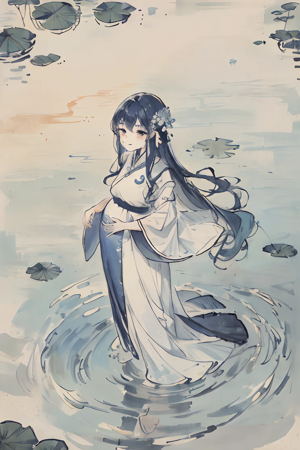 ((4k,masterpiece,best quality)), shuimobysim, traditional chinese ink painting, lotus, hanfu, maxiskit, dress conservatively 1girl, solo, long blue hair, smile, standing, feet in the water, barefoot, Pregnant