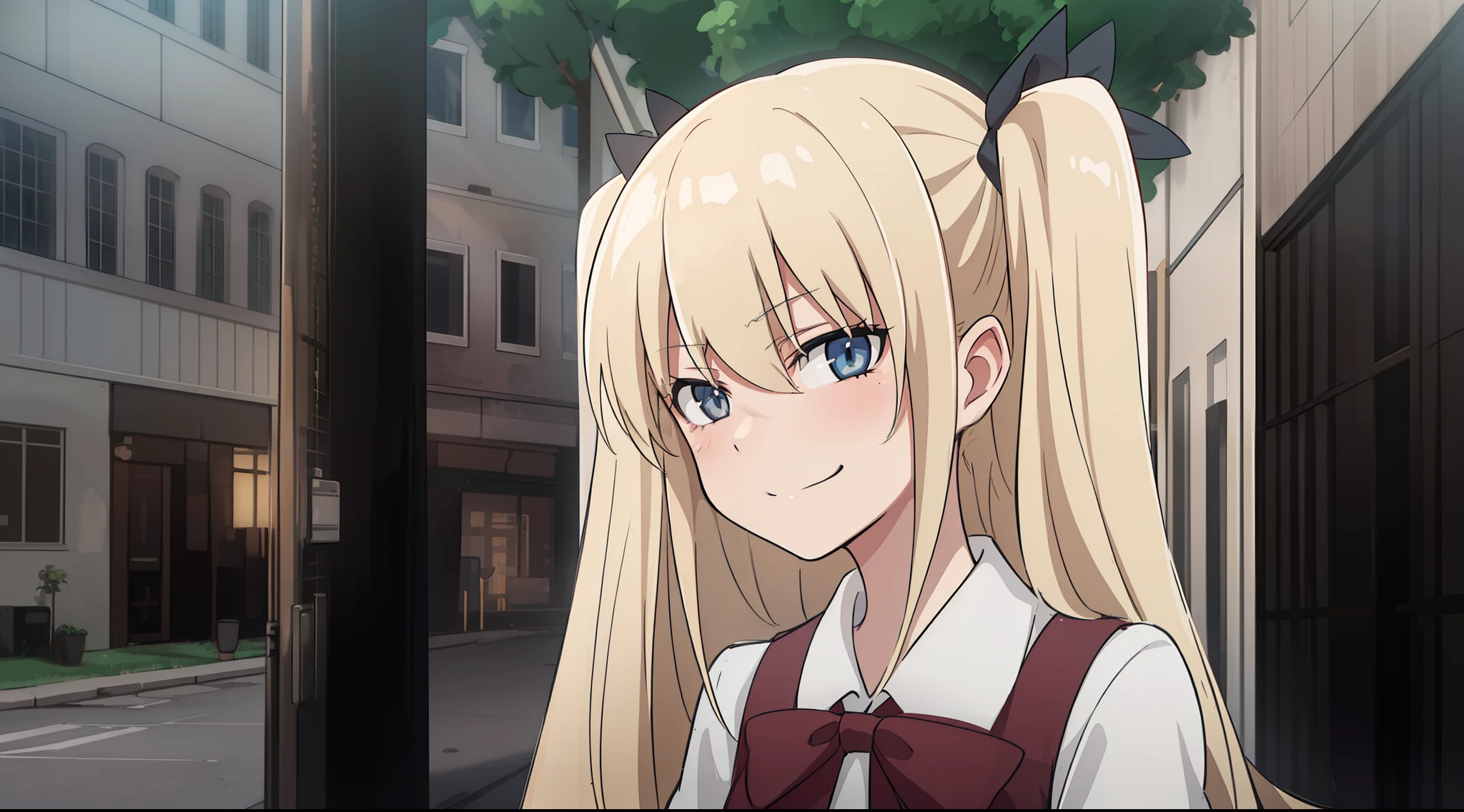 hiquality, tmasterpiece (one girls) blonde woman. covered eyes. Dark bows. ponytails on the hair. gray eyes. white  shirt. Red vests. Long bangs. smirk.