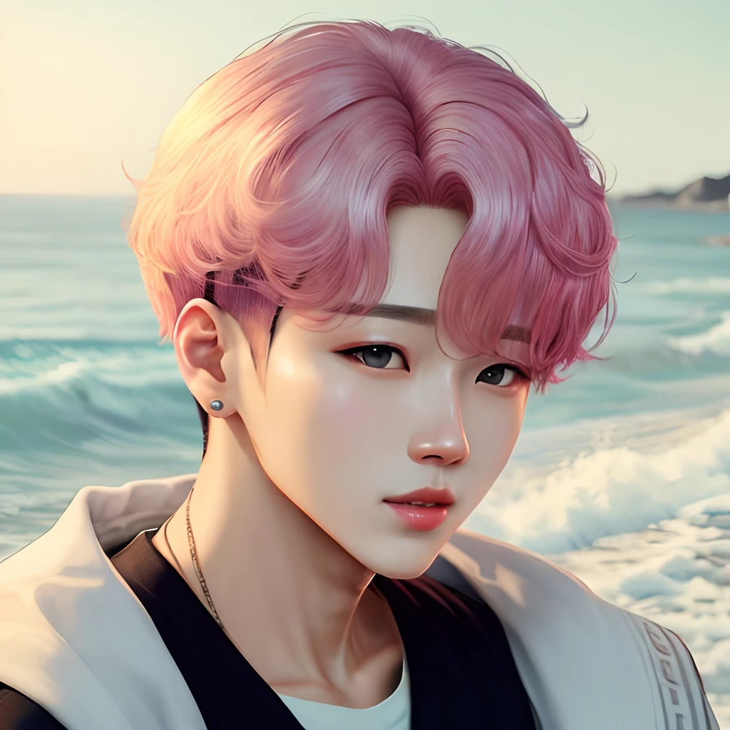 Jimin do bts com cabelos pretos de pontas azuis.