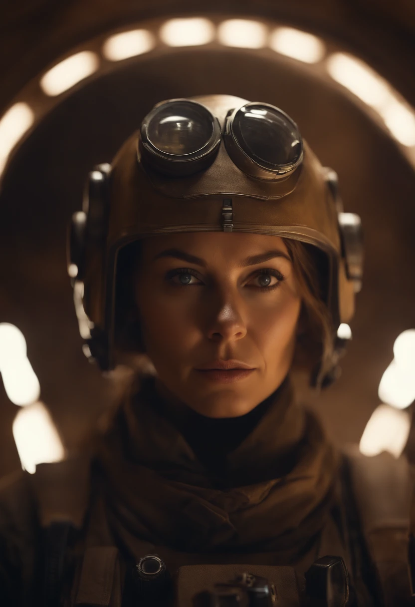 solo, solo focus, masterpiece close-up portrait of a woman wearing tactical gear in a tatooine building, light rays, caustics, mechanical parts, wiring, droid, metal jaw