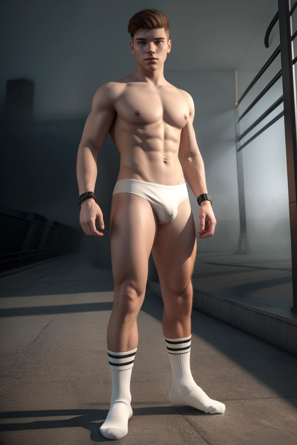  male posing, 16yoatmospheric, S.T.A.L.K.E.R style, 3d render, fog, chromatic aberration, sexy masculine square face, full body view, chainlet, tight boxerbriefs, white socks