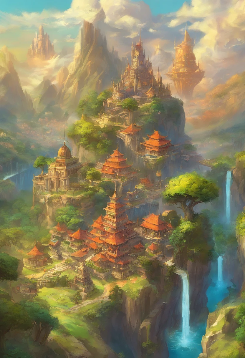 masterpiece, floating islands, Zeal city from Chrono Trigger, Pandora floating mountains, flying kingdom, fantasy rpg, fantasy floating mountains, bird's-eye view, cities, castles, villages, temples, ruins