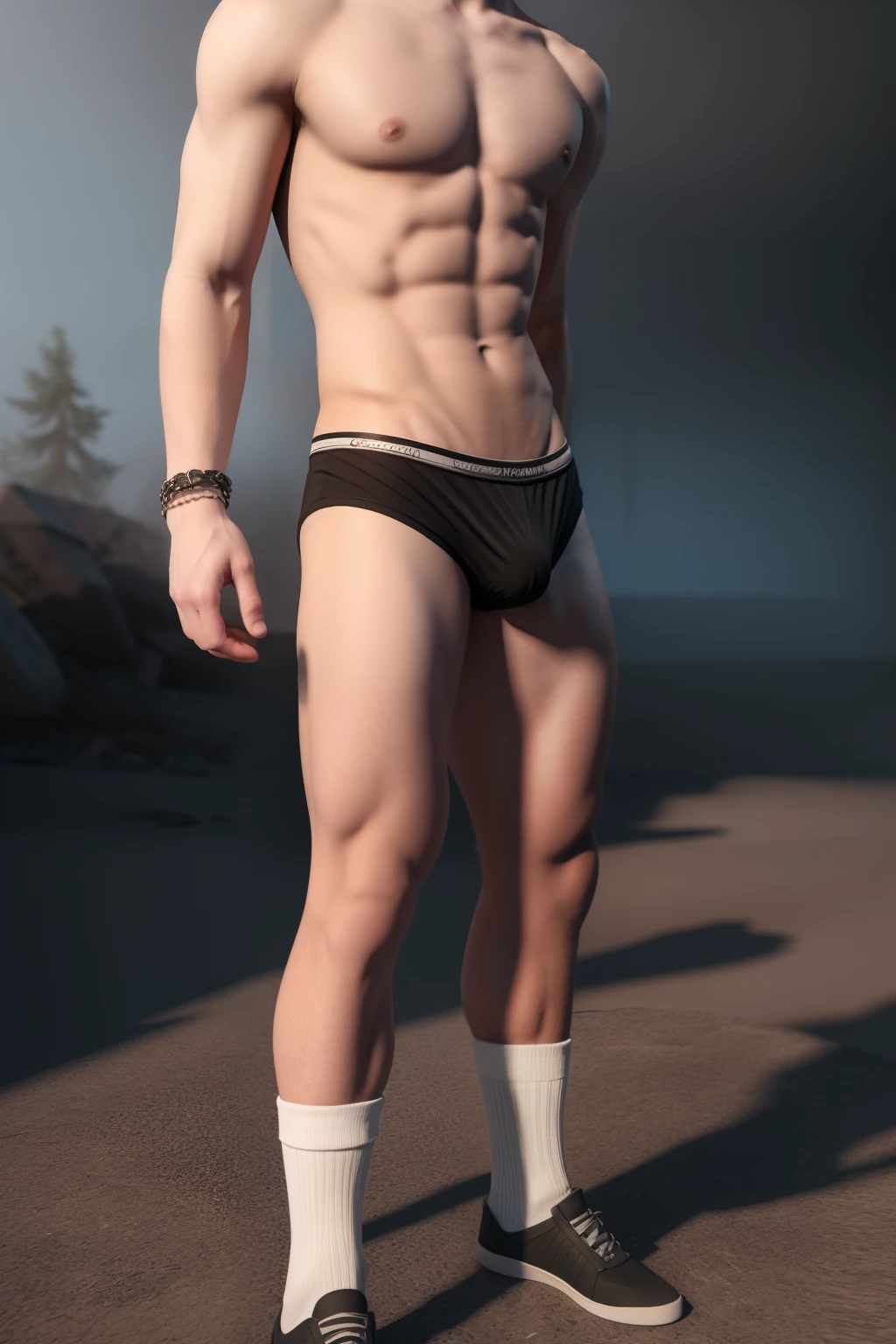 male posing, 16yoatmospheric, S.T.A.L.K.E.R style, 3d render, fog, chromatic aberration, sexy masculine square face, full body view, chainlet, tight boxerbriefs, white socks