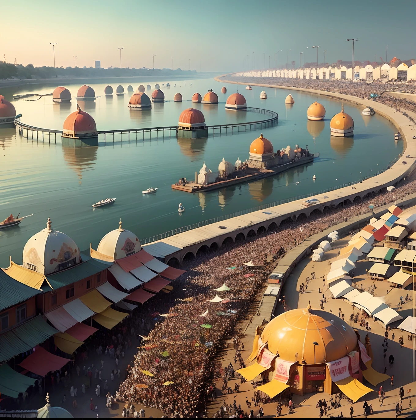 Design an aerial view of a bustling Kumbh Mela event with a vast crowd of devotees gathered along the sacred riverbank. --auto --s2