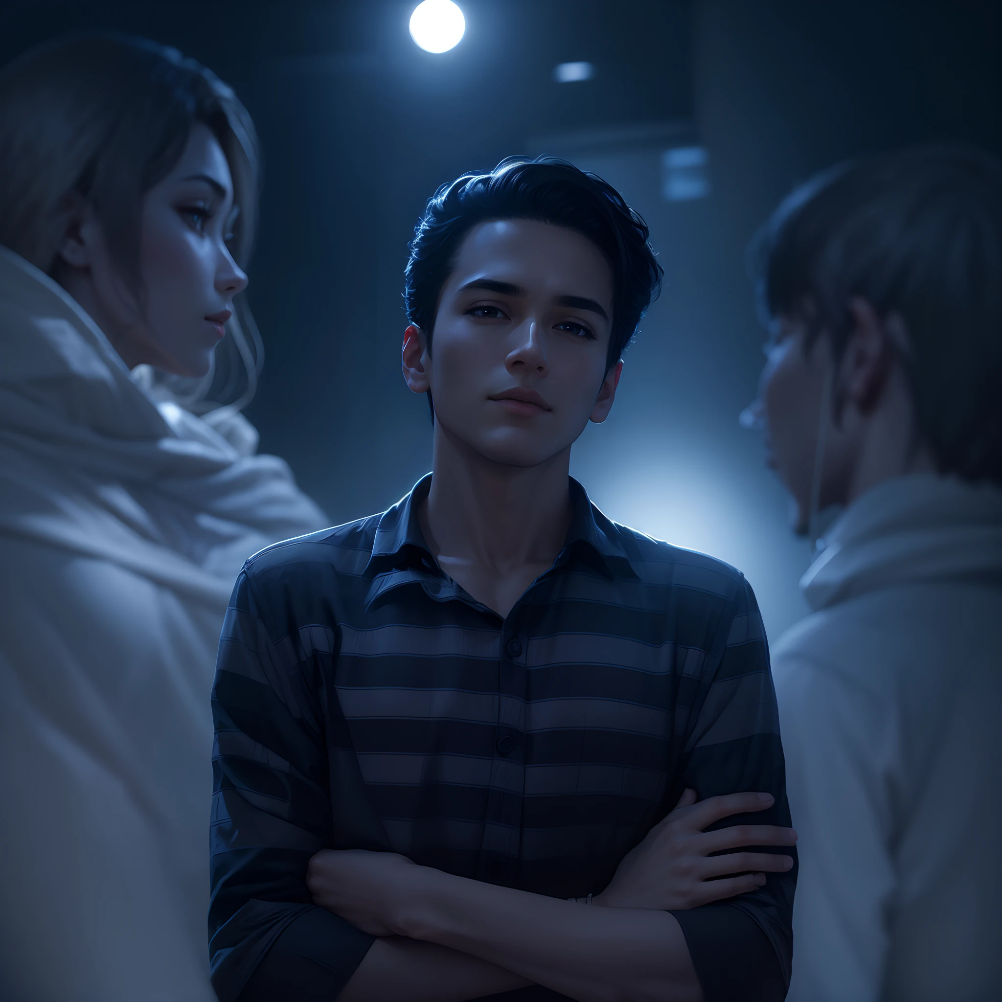 Change background, in moonlight moment, look handsome, change photo pose, ultra realistic, realistic, with a beautiful girl, she take her hands on my shoulder, she is beautiful, realistic, 8k