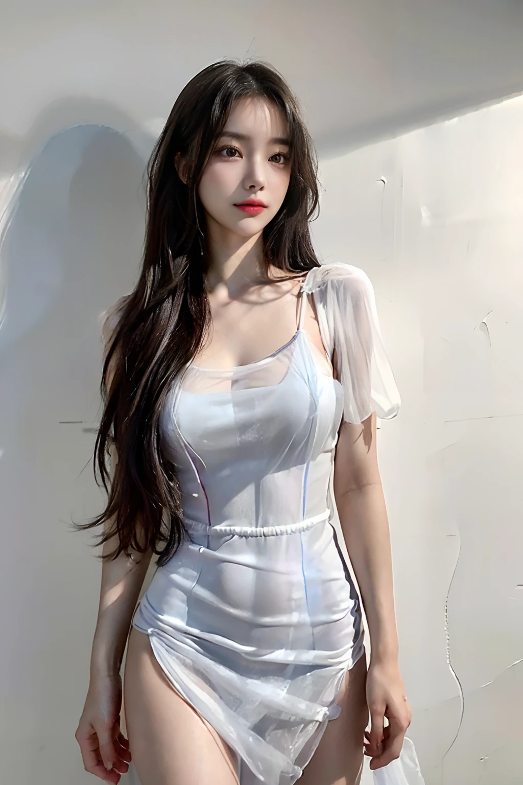 photo of a 18 y.o girl, beautiful vintage color, instagram (photorealistic, high resolution:1.4), ((puffy eyes)), looking at viewer, , full body (8k, RAW photo, best quality, masterpiece:1.2), (realistic, photo-realistic:1.37), (sharp focus:1.2), professional lighting, photon mapping, radiosity, physically-based rendering, (pale skin:1.2), (medium breasts:1.2), looking at viewer, (middle hair:1.5), portrait, purple eyes, (sliver hair:1.1), bangs, (simple background:1.4), solo, upper body, realistic, (masterpiece:1.4), (best quality:1.4), (shiny skin), fashion girl, makeup, smile(skinny, closed mouth,shy:1.3), (sheer sun dresses:1.5513), (standing:1.1), medium bust, sexy pose, {NSFW:1.2},
