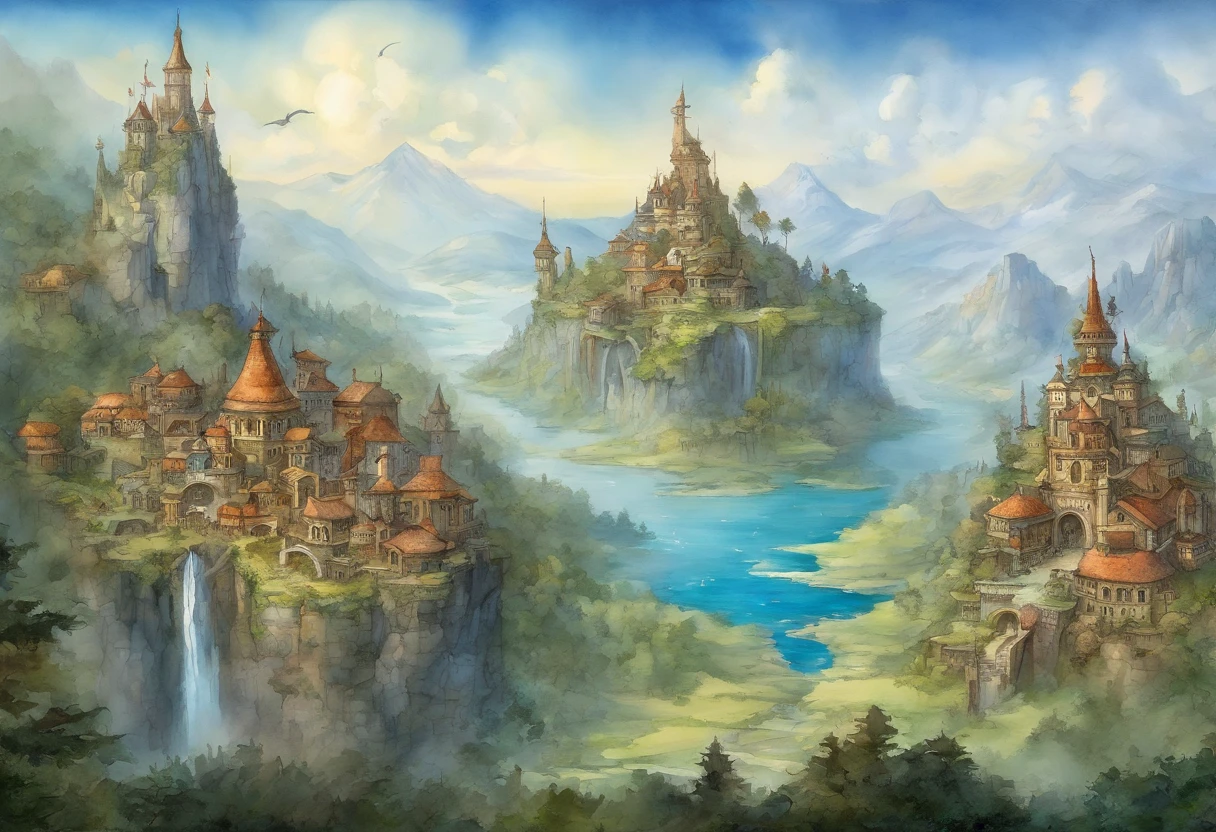 masterpiece, floating islands, Zeal city from Chrono Trigger, Pandora floating mountains, flying kingdom, fantasy rpg, fantasy floating mountains, bird's-eye view, cities, castles, villages, temples, ruins