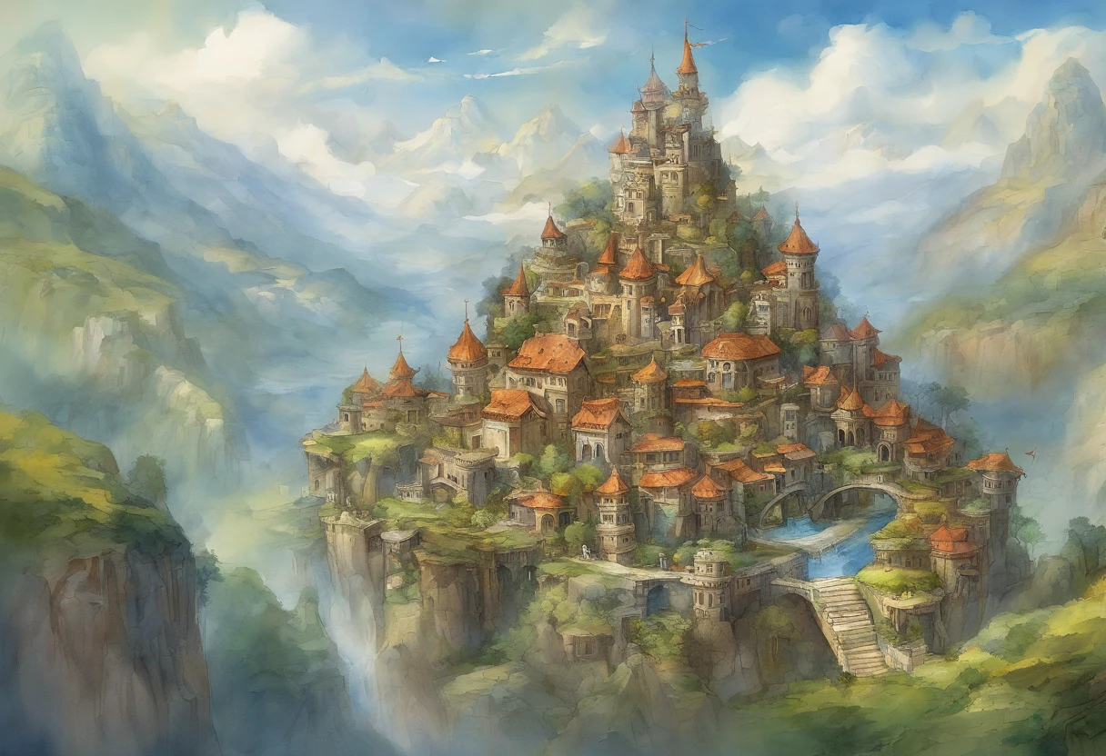 masterpiece, floating islands, Zeal city from Chrono Trigger, Pandora floating mountains, flying kingdom, fantasy rpg, fantasy floating mountains, bird's-eye view, cities, castles, villages, temples, ruins