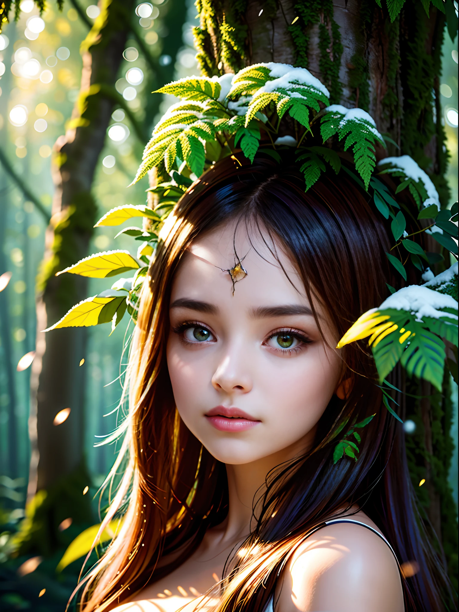 a lovely painting of a girl in the forest with light snow falling,age,mystical forest, twilight, vibrant, sentient plants, magical pollen, mesmerizing dance of lights, colors among trees, breathtaking natural light show, masterpiece, 8k, oil painting)))), long exposure, professional photograph, soft focus, mystical atmosphere, unreal engine, trending on ArtStation, ((woman's detailed face, detailed expression, eyes reflecting the light show, woman's hair flowing, detailed plants and trees), ambient lighting, depth of field effect, detailed pollen particles, soft, ethereal glow, magical, dreamy, surreal))