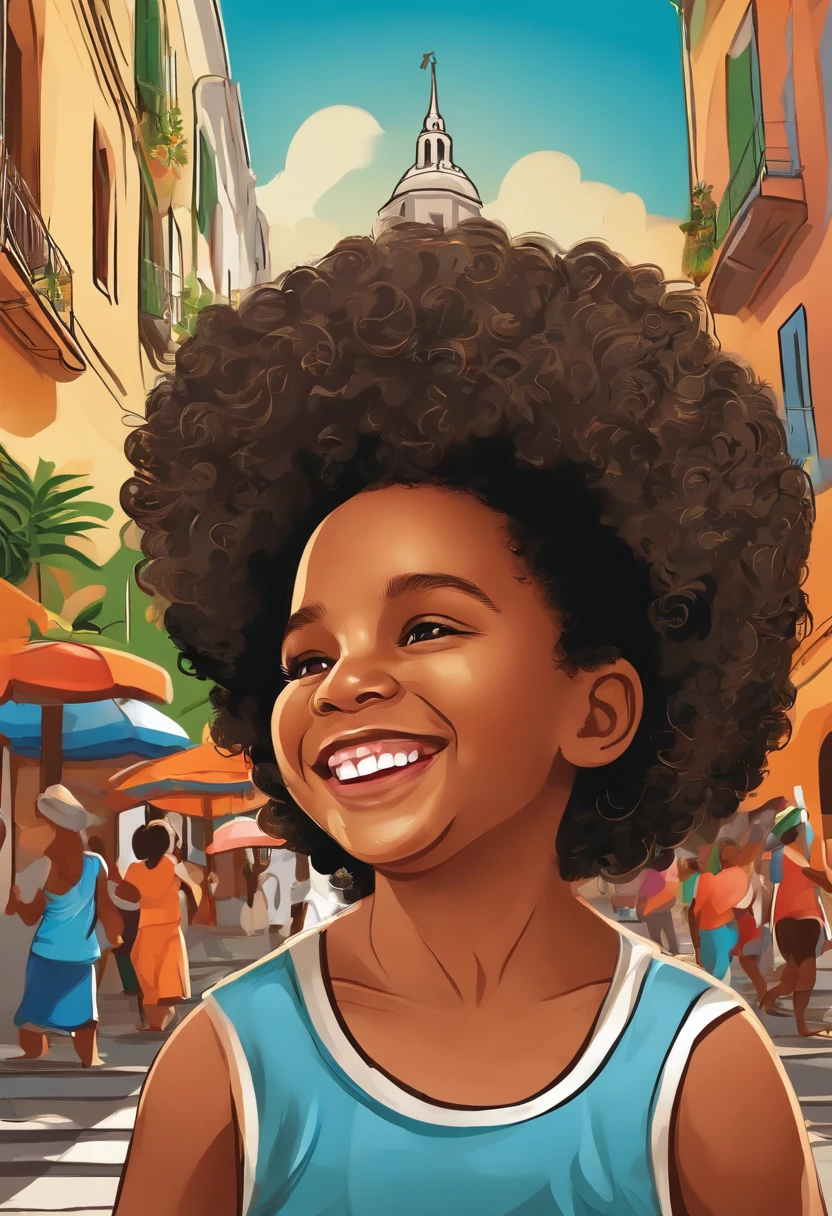 a boy with curly hair,enjoying samba music and dancing in the streets of Rio de Janeiro,colorful carnival costumes,energetic and vibrant atmosphere,bustling crowd and cheerful smiles,playing the tambourine and shaking maracas,traditional Brazilian street art,splashes of vibrant colors and joyful expressions,artistic graffiti and murals depicting the culture and spirit of Rio de Janeiro,the sun shining brightly, casting a warm glow on the festivities,lush green trees and tropical flowers adding to the scenic beauty,mosaics and patterns adorning the sidewalks and buildings,street vendors selling delicious local delicacies,savoring the taste of mouthwatering street food,a beautiful sunset painting the sky with shades of orange and pink,the sound of waves crashing against the sandy beaches near the city,local landmarks like the Christ the Redeemer statue overlooking the city skyline,passionate and rhythmic beats of the samba drums filling the air,creating a lively and captivating ambiance,memories of joy and celebration that will last a lifetime.(best quality, highres),vivid colors,energetic atmosphere,joyful expressions,artistic graffiti,scenic beauty,delicious street food,beautiful sunset,local landmarks,rhythmic beats.