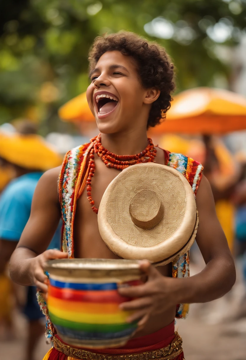 a boy with curly hair,enjoying samba music and dancing in the streets of Rio de Janeiro,colorful carnival costumes,energetic and vibrant atmosphere,bustling crowd and cheerful smiles,playing the tambourine and shaking maracas,traditional Brazilian street art,splashes of vibrant colors and joyful expressions,artistic graffiti and murals depicting the culture and spirit of Rio de Janeiro,the sun shining brightly, casting a warm glow on the festivities,lush green trees and tropical flowers adding to the scenic beauty,mosaics and patterns adorning the sidewalks and buildings,street vendors selling delicious local delicacies,savoring the taste of mouthwatering street food,a beautiful sunset painting the sky with shades of orange and pink,the sound of waves crashing against the sandy beaches near the city,local landmarks like the Christ the Redeemer statue overlooking the city skyline,passionate and rhythmic beats of the samba drums filling the air,creating a lively and captivating ambiance,memories of joy and celebration that will last a lifetime.(best quality, highres),vivid colors,energetic atmosphere,joyful expressions,artistic graffiti,scenic beauty,delicious street food,beautiful sunset,local landmarks,rhythmic beats.