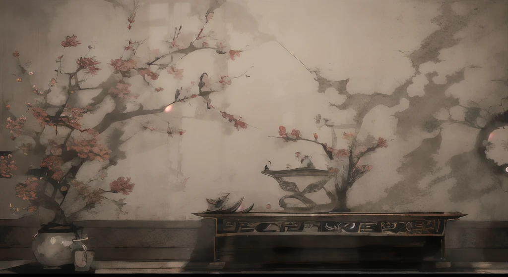On the wall of the room there is a painting with a vase, oriental wallpaper, Detailed scenery —width 672, Zen temple background, inspired by Emperor Huizong of Song, background depicting a temple, interior background art, personal room background, palace background, Single,inspired by Ohara Koson, chinoiserie wallpaper