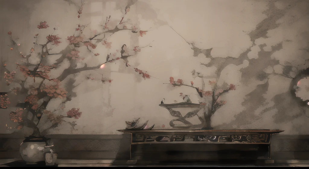 On the wall of the room there is a painting with a vase, oriental wallpaper, Detailed scenery —width 672, Zen temple background, inspired by Emperor Huizong of Song, background depicting a temple, interior background art, personal room background, palace background, Single,inspired by Ohara Koson, chinoiserie wallpaper