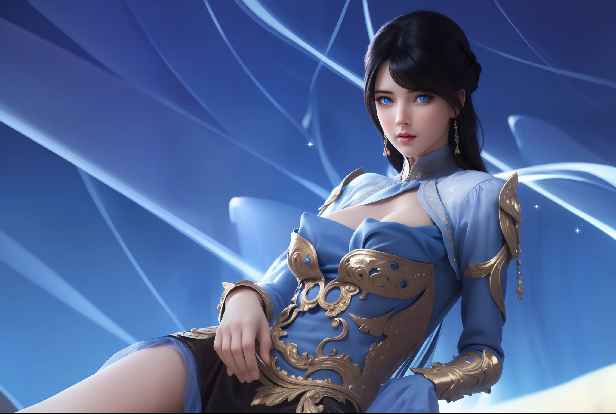 (hyperrealistic), (illustration), (high resolution), (8K), (extremely detailed), (best illustration), (beautiful detailed eyes), (best quality), (ultra-detailed), (masterpiece), (wallpaper), (photorealistic), (natural light), (rim lighting), (detailed face), (high detailed realistic skin texture), (anatomically correct), (solo), (1 girl), (high detailed realistic hair), (black hair:1.35), (heterochromic eyes), (detailed eyes), (blue eyes:1.37), (sparkling eyes), (realistic big breasts:1.5), (exposed nipples breasts:1.35), (long legs), (slender abs), (dynamic pose), (closed tiny mouth:1.3), nsfw, concentrated expression.