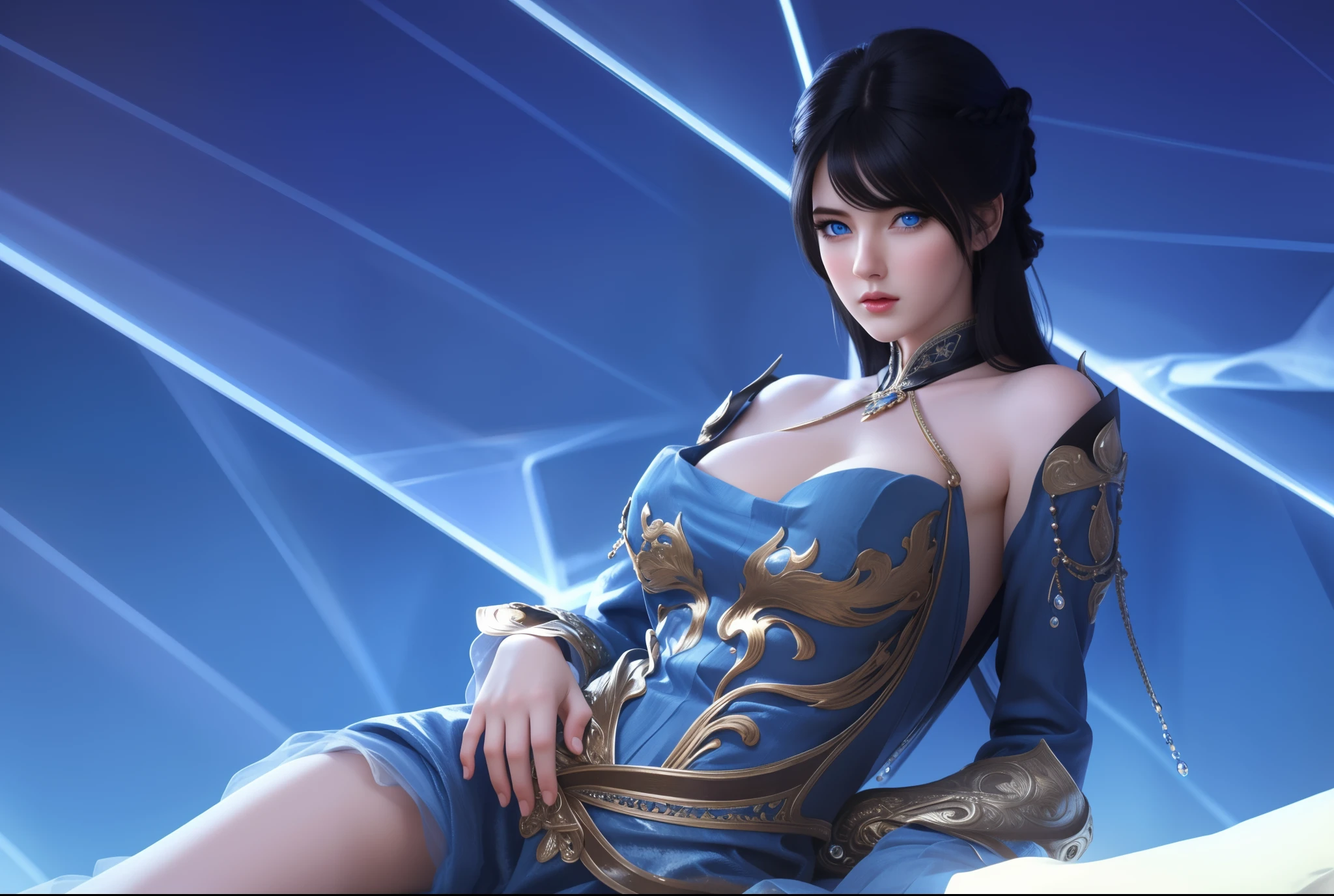 (hyperrealistic), (illustration), (high resolution), (8K), (extremely detailed), (best illustration), (beautiful detailed eyes), (best quality), (ultra-detailed), (masterpiece), (wallpaper), (photorealistic), (natural light), (rim lighting), (detailed face), (high detailed realistic skin texture), (anatomically correct), (solo), (1 girl), (high detailed realistic hair), (black hair:1.35), (heterochromic eyes), (detailed eyes), (blue eyes:1.37), (sparkling eyes), (realistic big breasts:1.5), (exposed nipples breasts:1.35), (long legs), (slender abs), (dynamic pose), (closed tiny mouth:1.3), nsfw, concentrated expression.