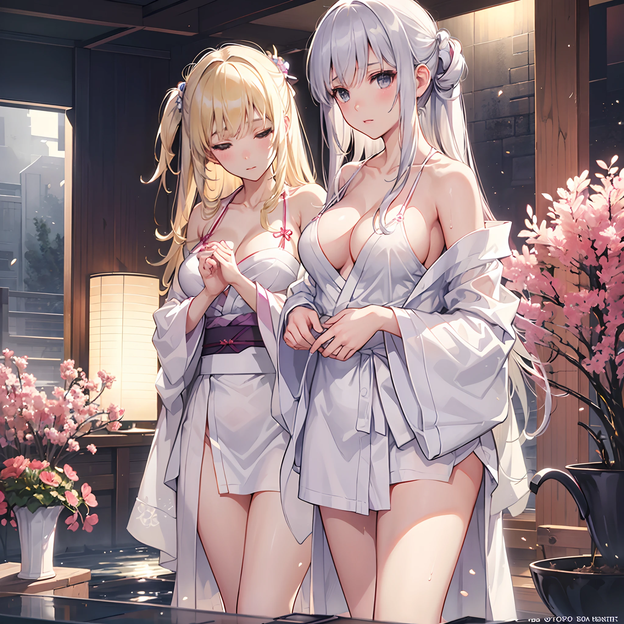 ((What to wear in summer、、A light cotton kimono to use as a bathrobe)),(bath robe),The clothes are fluffy,White panties,1girl in, Solo,(A MILF), (((maturefemale,Adult Woman))),masuter piece, of the highest quality, ultra-definition, max resolution, A highly detailed, Clean skin, Extremely sexy,Huge breasts,cleavage,blush,a sultry,thong,(((After the bath))), Attractive soothing thighs,no-bra,Clothes are wet and see-through