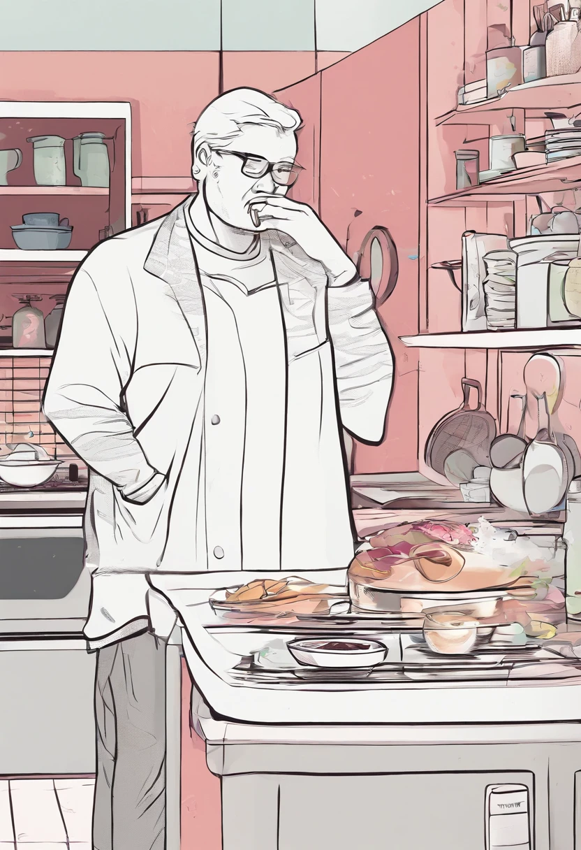 Background with: Home kitchen。
Character A（With a sleepy look）
Character A is rubbing his eyes as he reaches for the fridge to get a cup of coffee.。