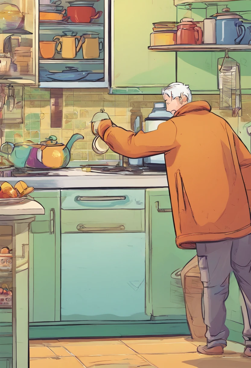 Background with: Home kitchen。
Character A（With a sleepy look）
Character A is rubbing his eyes as he reaches for the fridge to get a cup of coffee.。